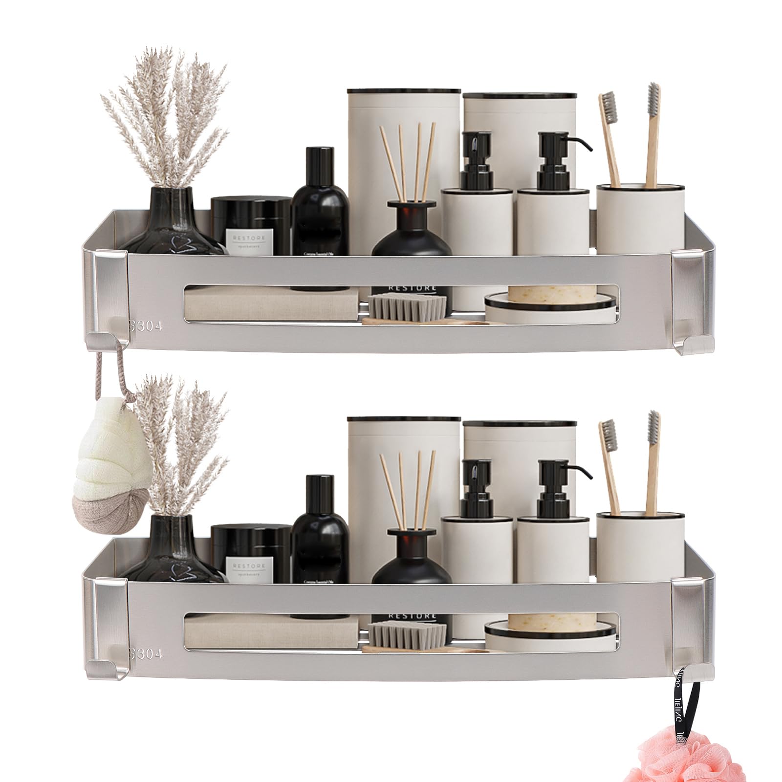 NearMoon Bathroom Shower Caddy 2 Pack, No Drill 304 Stainless Steel Shower Organizer with 2 Hooks (Shower Shelf, Brushed Nickel)