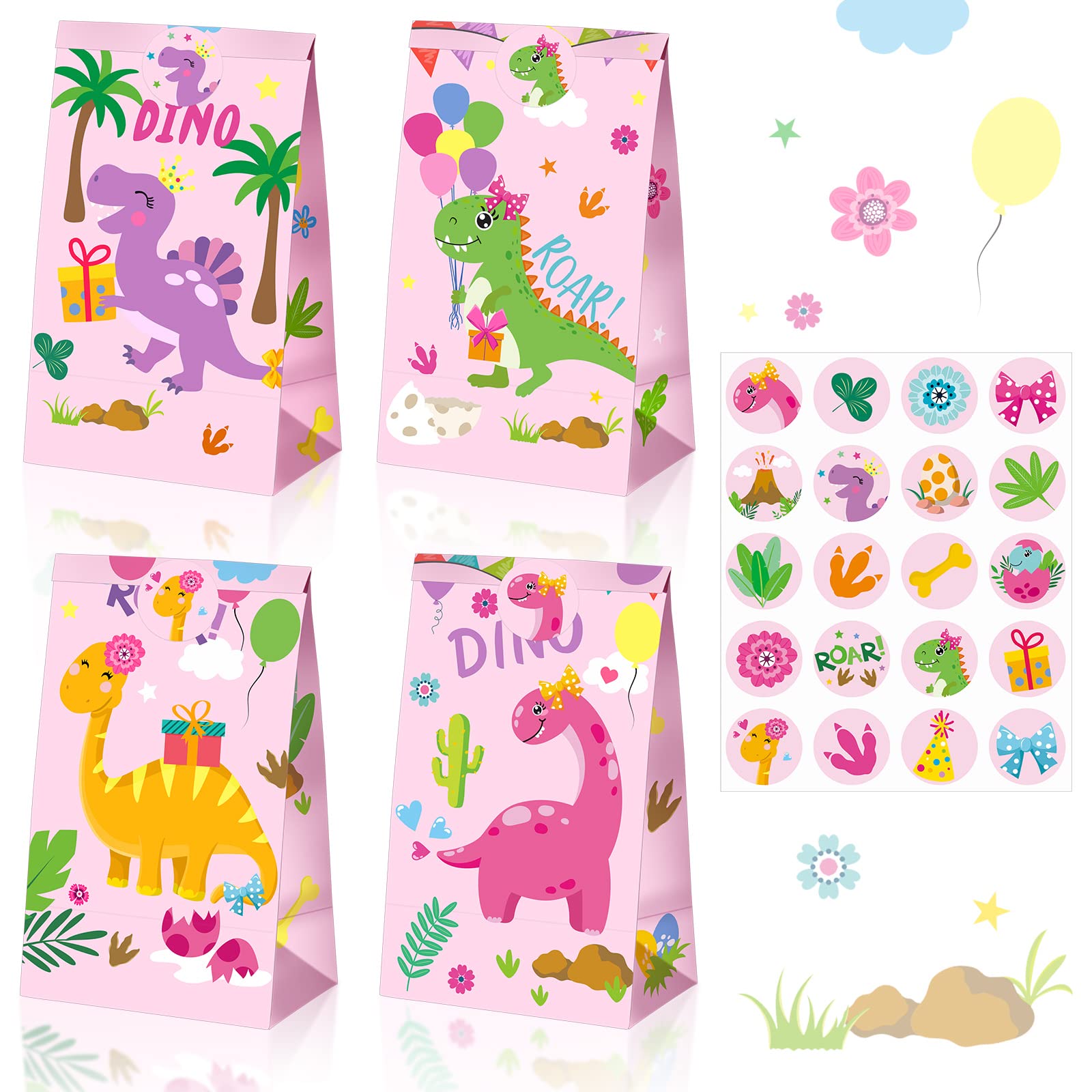 24 Pieces Dinosaur Party Bags Dino Candy Favor Bags With Stickers Pink Goodie Treat Gift Bags For Kids Girls Dinosaur Birthday P