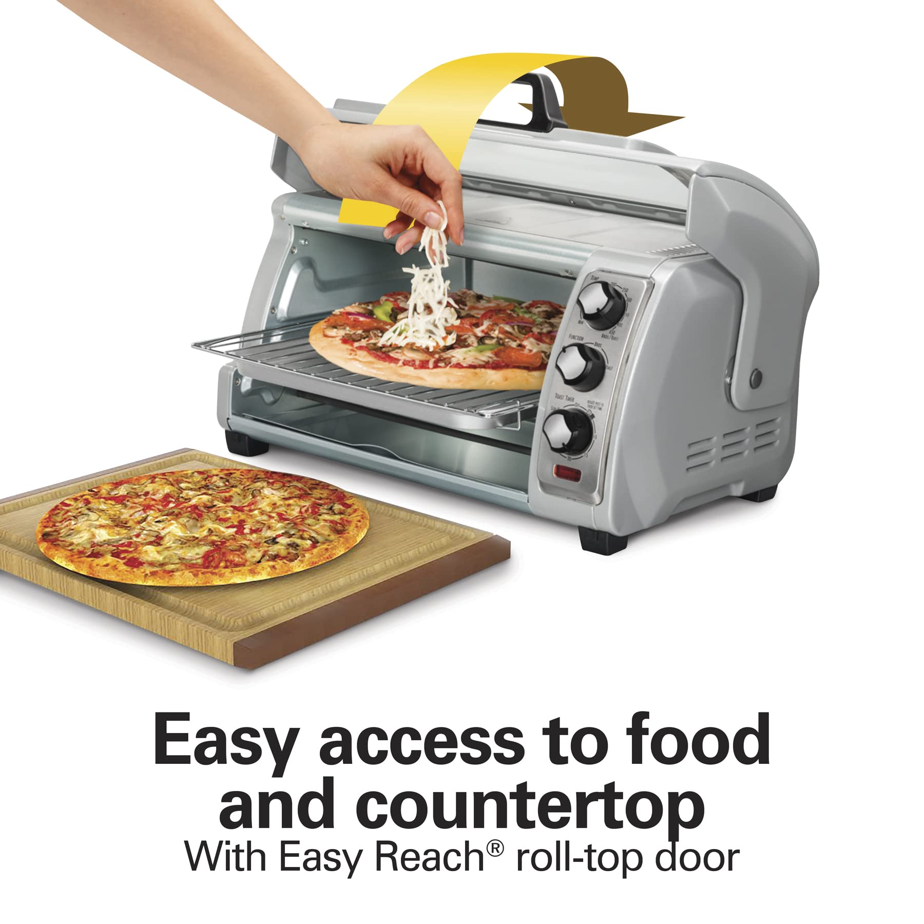 Hamilton Beach 6 Slice Countertop Toaster Oven With Easy Reach Roll-Top Door, Bake, Broil & Toast Functions, Auto Shutoff, Silve
