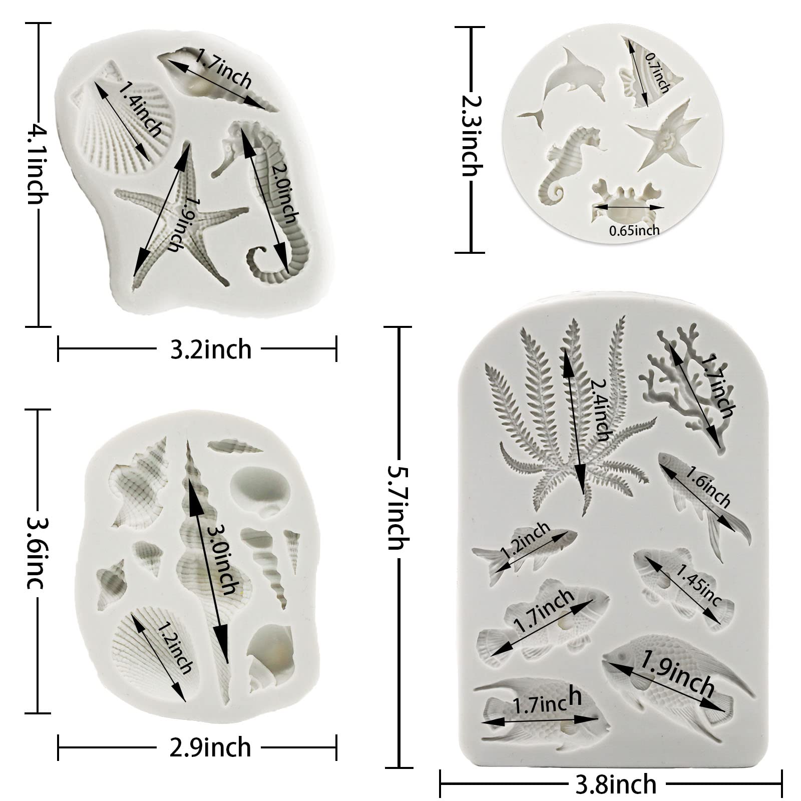 Memovan Marine Theme Silicone Fondant Mold 4Pcs Marine Under The Sea Cake Mold Hippocampus Seaweed Sea Fish Crab Coral Conch Sea