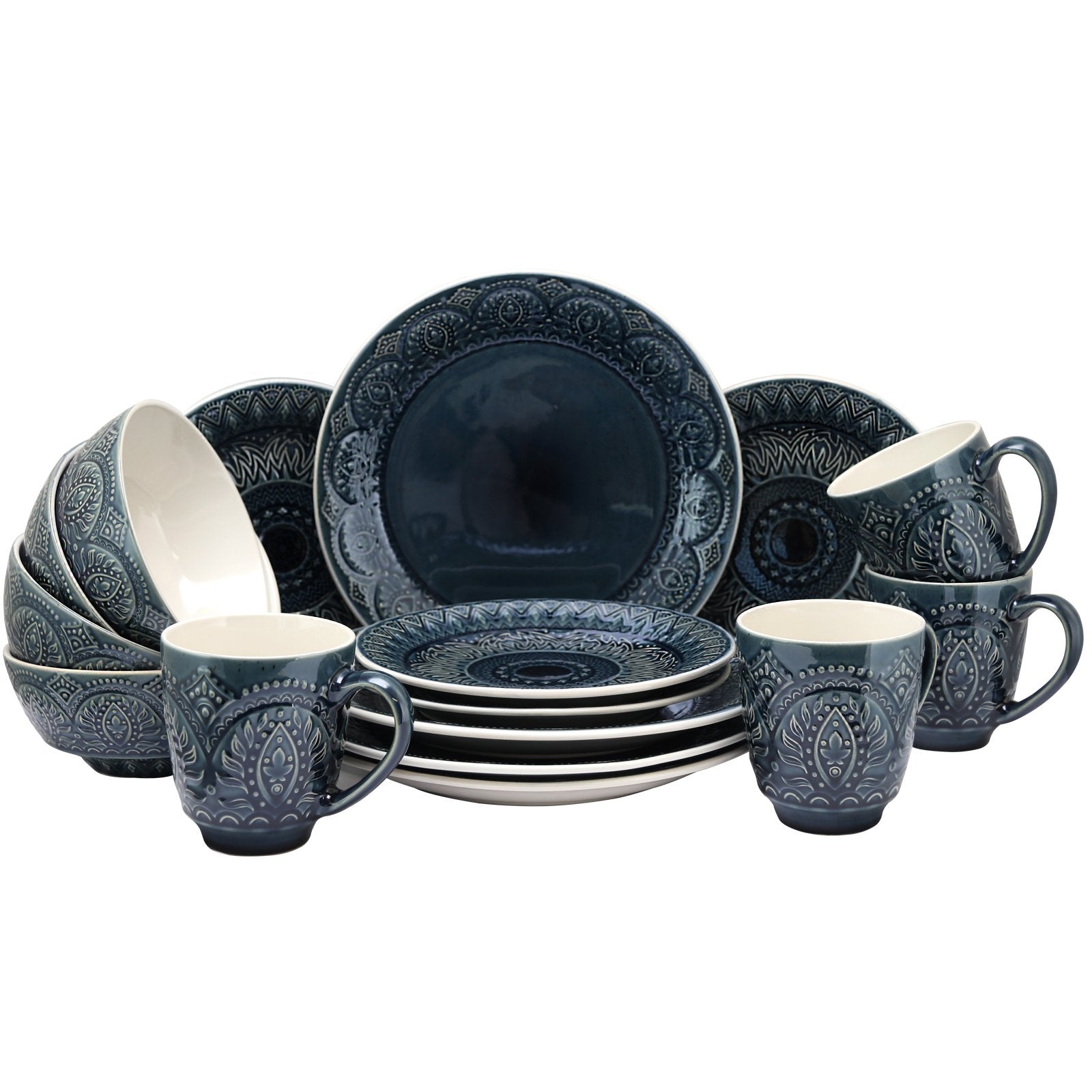 Elama Decorated Round Stoneware Deep Embossed Dinnerware Dish Set, 16 Piece, Dark Navy Blue