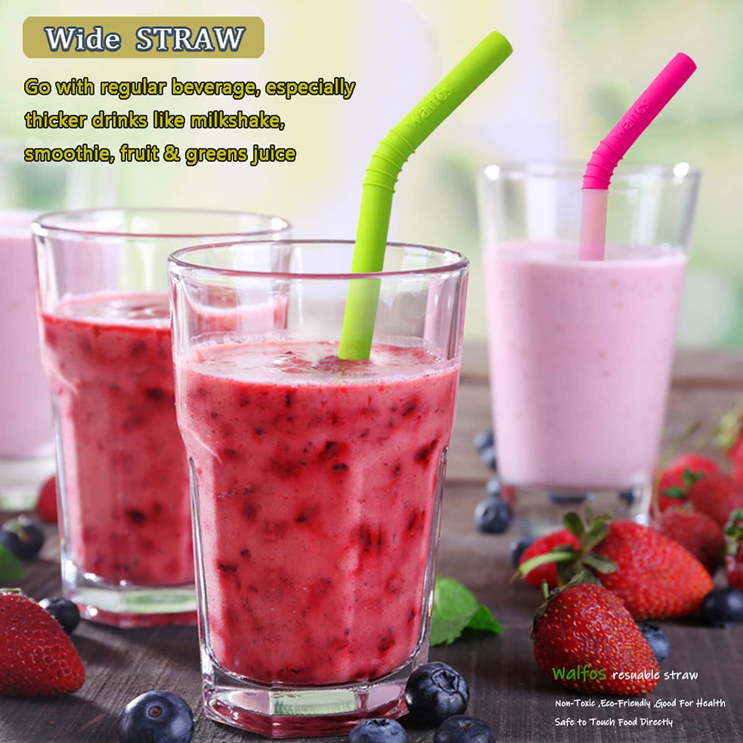 Walfos Reusable Silicone Straws - 2 Size Flexible Drinking Bendy Straws For Smoothies/20 & 30 Oz Tumblers, Bpa Free (4 Wide Stra