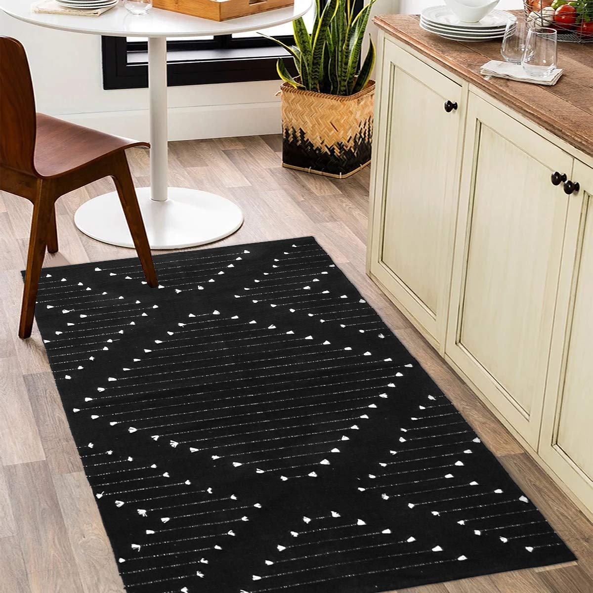 LIVEBOX Boho Black Rug for Kitchen,3 x 5 Washable Area Rug for Entryway,Moroccan Cotton Throw Rugs Morden Indoor Carpet Door M