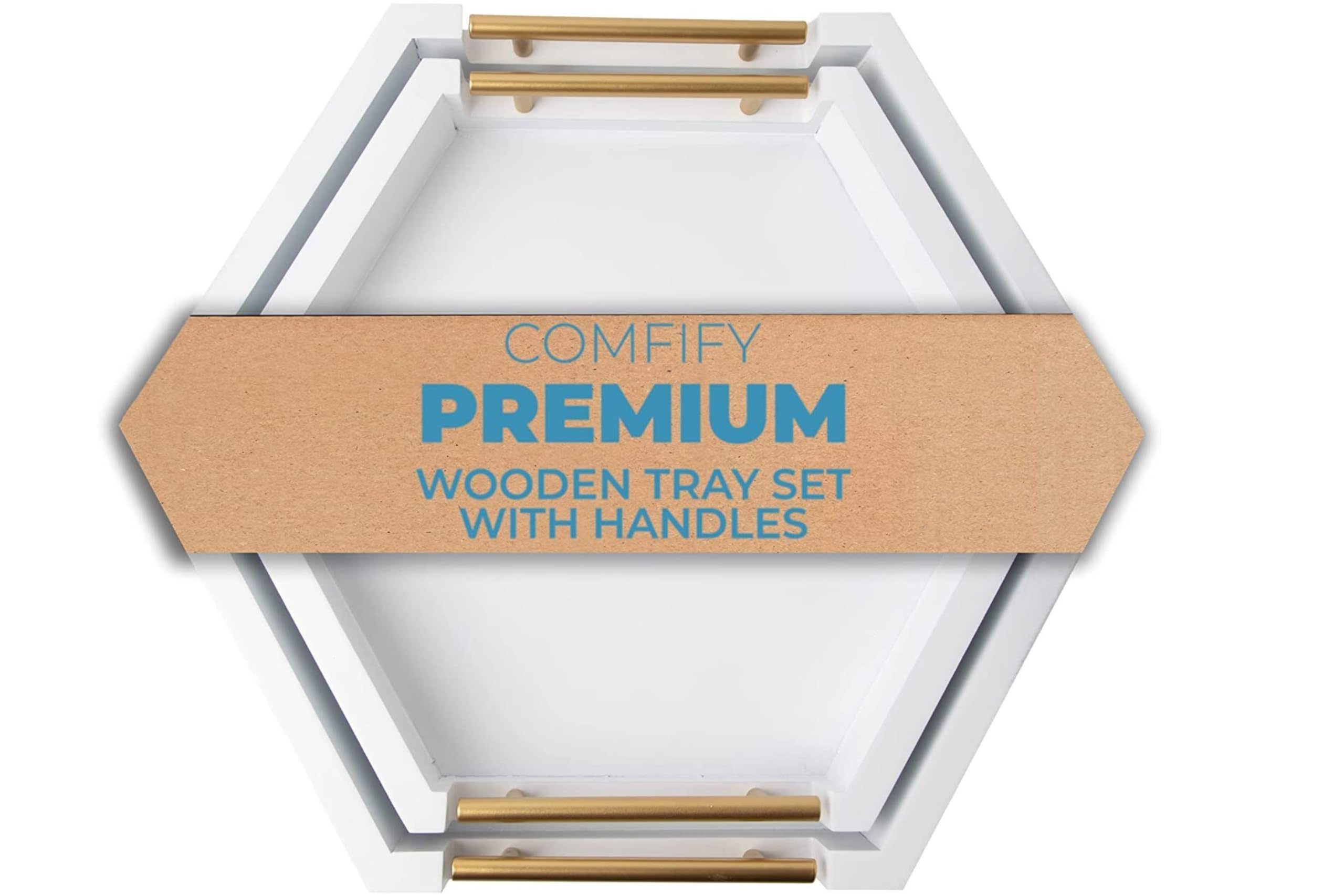 Honeycomb Wooden Serving Trays With Golden Handles - Set Of 2 Hexagon Nesting Trays - Large And Small Wood Trays For Food, Ottom