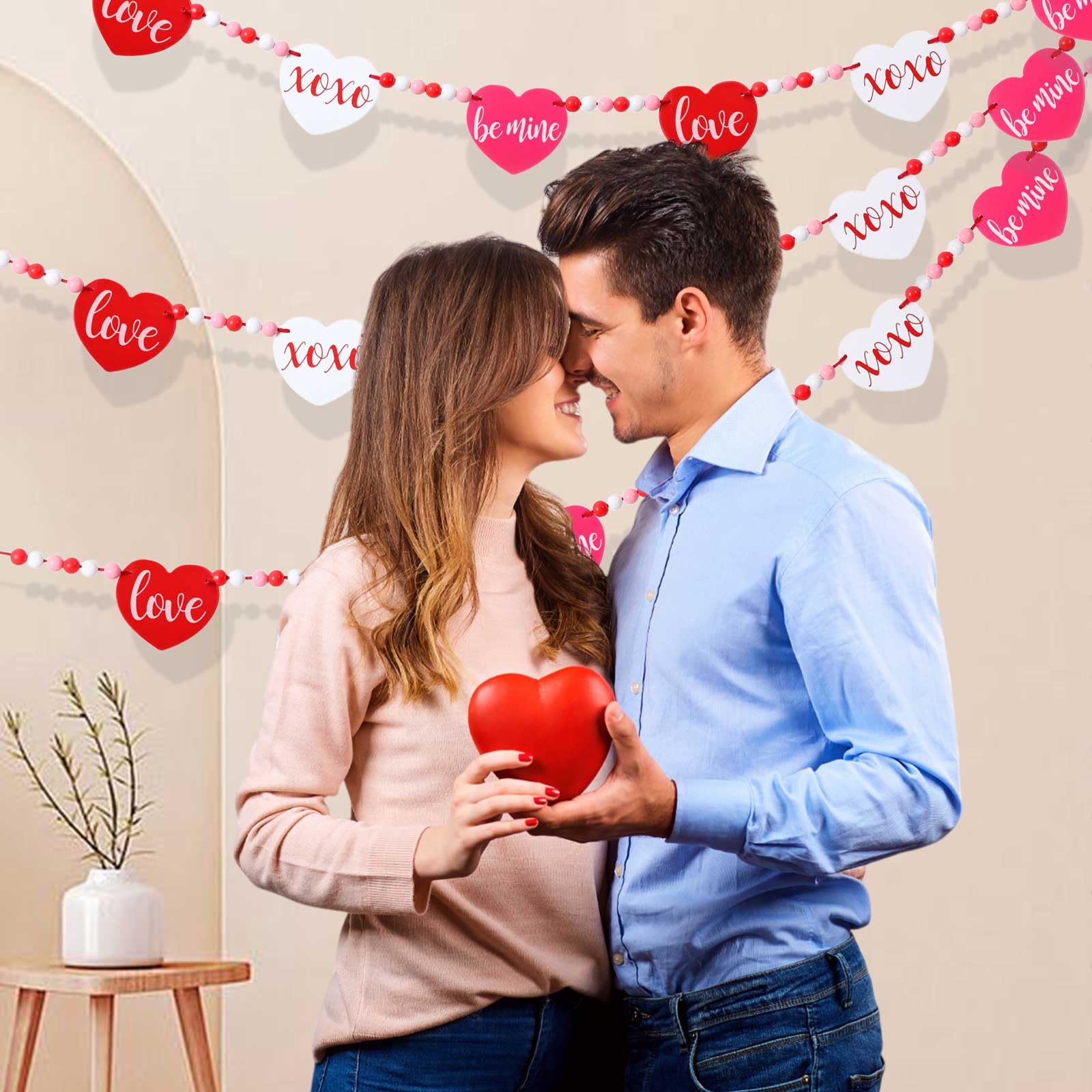 Blosssound Valentines Wood Beaded Garland Pre-Strung 4.2Ft Valentine'S Day Banner Decor Heart Banner Garland Wooden Valentines D