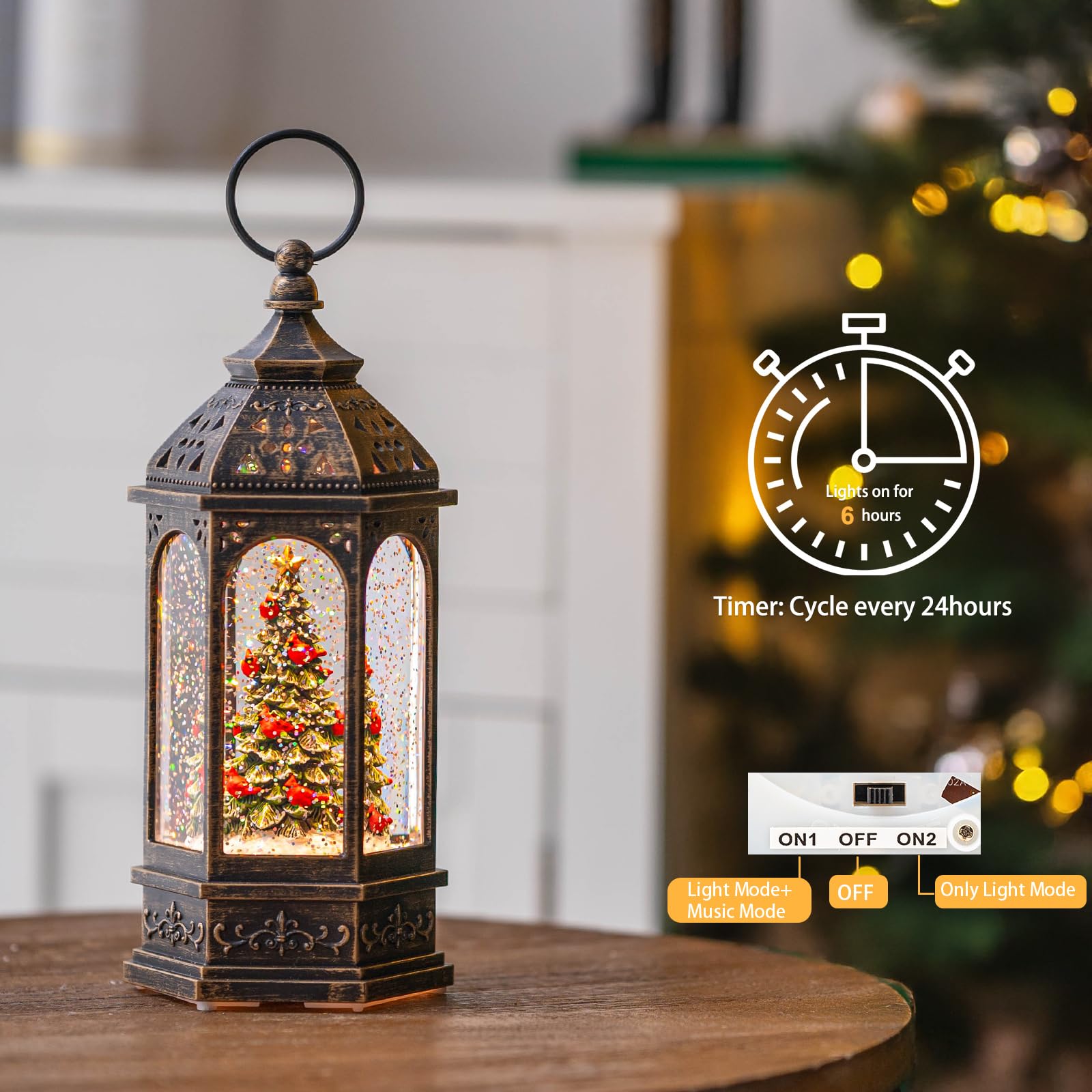 Lighted Christmas Tree Cardinal Music Snow Globe Water Lantern with Swirling Glitter Decoration for Christmas Home, Living Room,