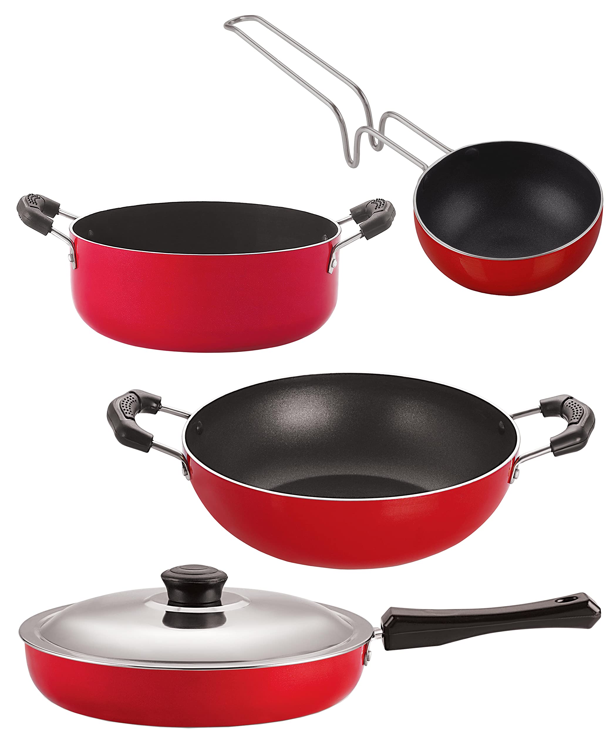 Nirlon Non Stick Cookware Pots & Pan Combo Set Of 4 Pieces With Bakelite Handle (Fp10_Kd11_Vg_Cs24)