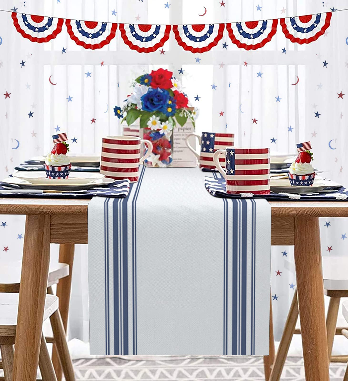 Cotton Linen Table Runner 120Inches Long, Blue White Stripes, Burlap Table Cloth Dresser Scarves For Farmhouse Dining Room/Holid