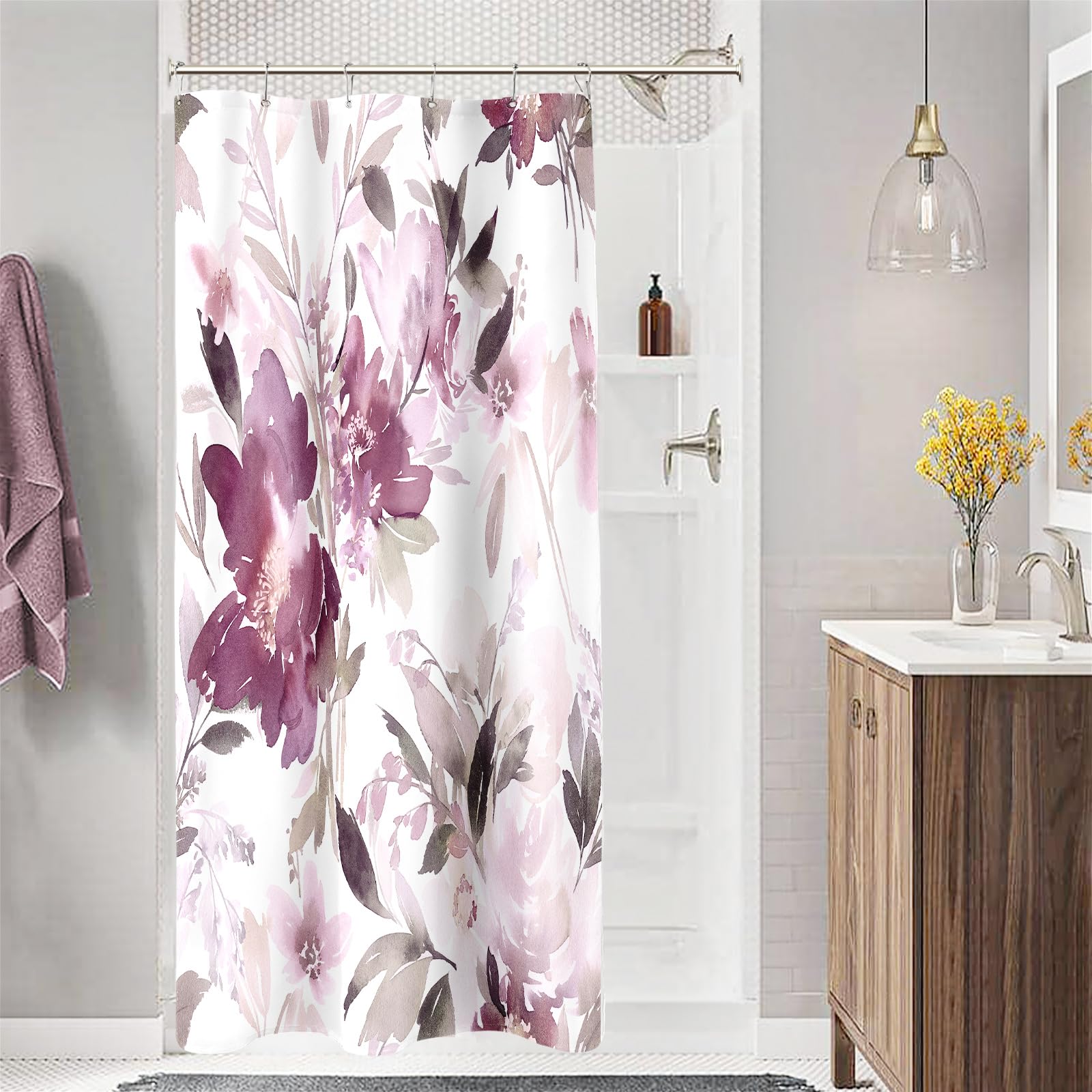 Mayzus Small Stall Shower Curtain 36 X 72 Inch, Half Narrow Watercolor Floral Fabric Shower Curtain, Modern Abstract Mauve Flowe