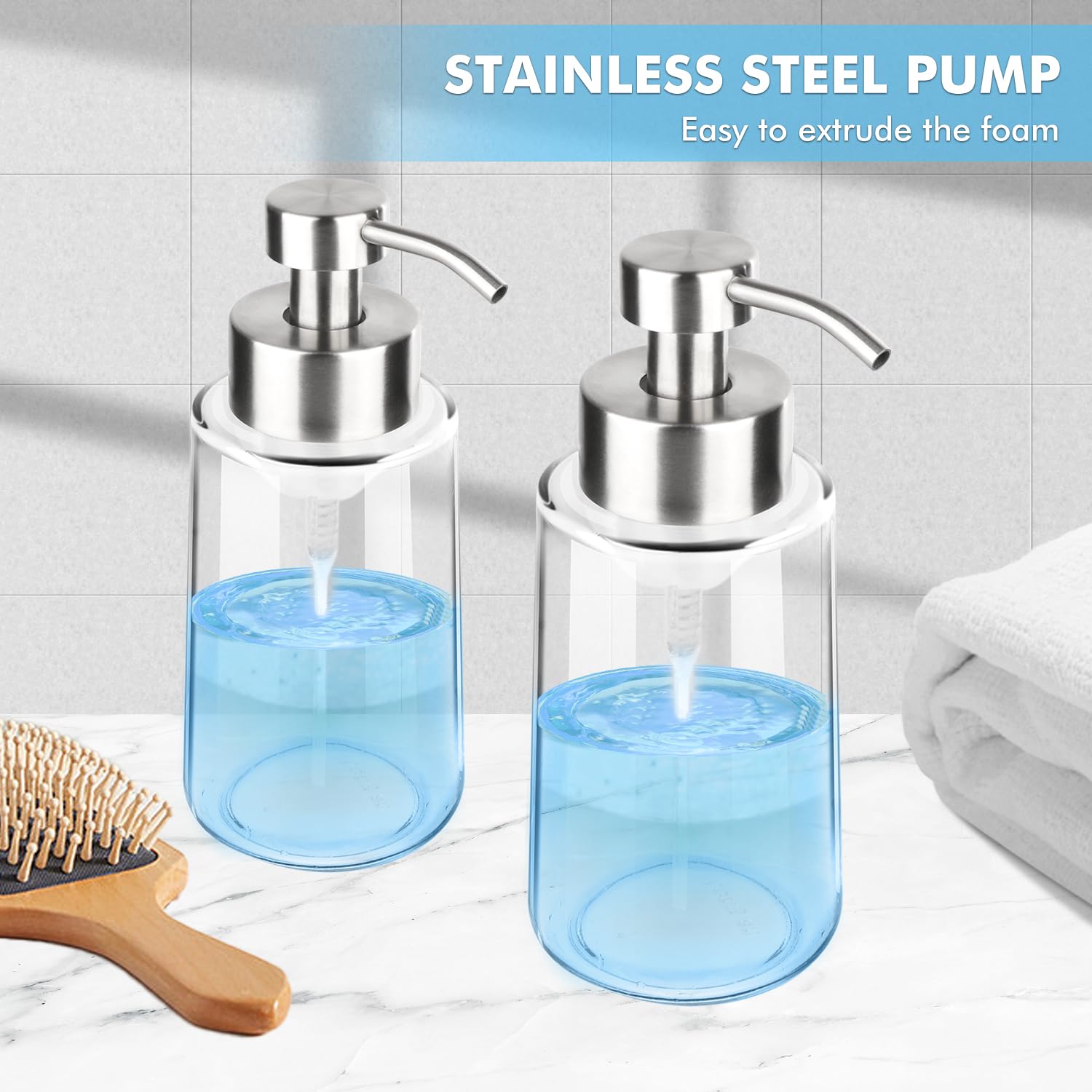 Glubee Foaming Soap Dispenser, 15 Oz Glass Hand Soap Dispenser With Rust Proof Stainless Steel Pump, Refillable Clear Foam Soap