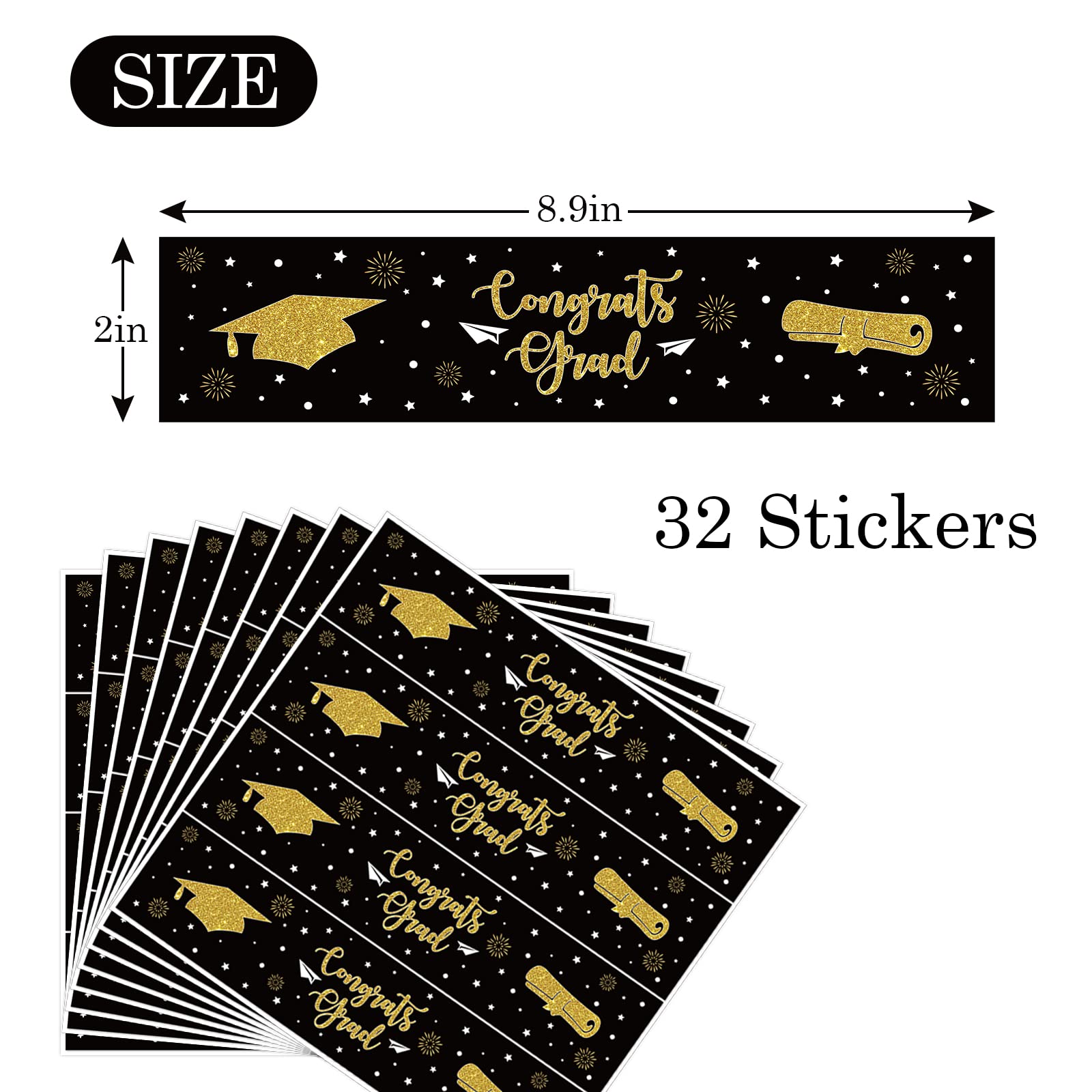 Monmon & Craft Black Grad Water Bottle Labels (Set Of 32) - Graduation Party Supplies