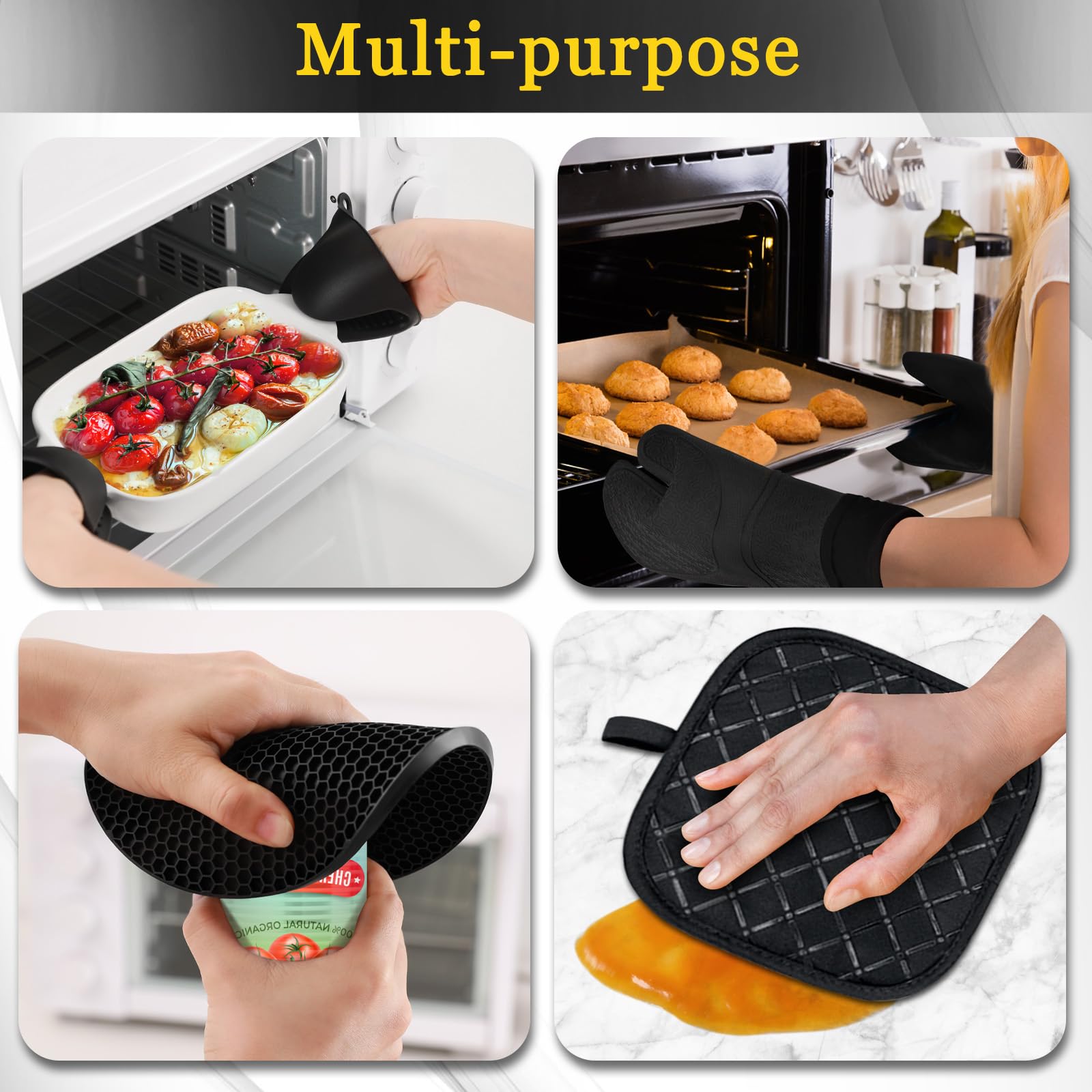 Funnydin Oven Mitts And Pot Holders Sets, 8Pcs Pot Holders And Oven Mitts Heat Resistant, Kitchen Non-Slip Silicone Oven Mitts W