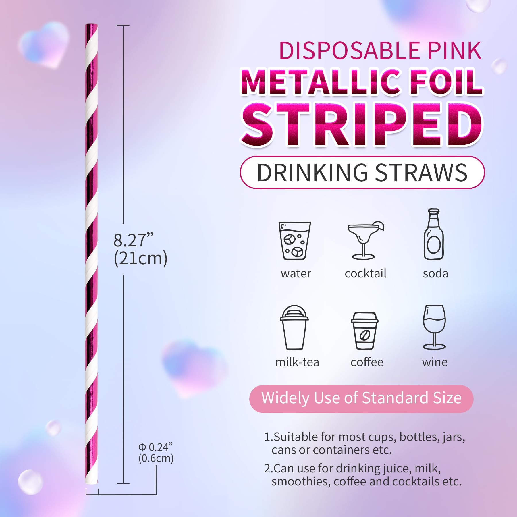 Paktalk Striped Paper Straws, 100Pack Metallic Rose Gold Striped Disposable Straws For Drinking Biodegradable Paper Straws For V
