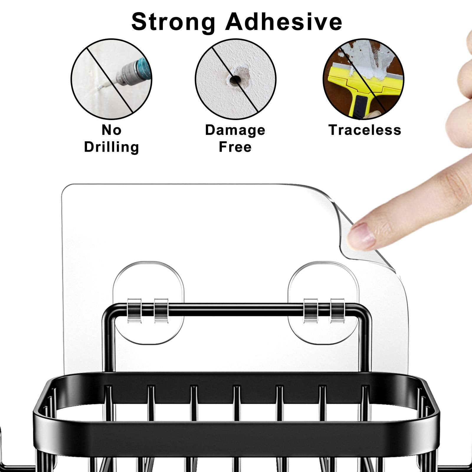 ODesign Soap Dish Holder with 6 Hooks Loofah Bath Sponge Towel Razor Holder for Bathroom Shower Kitchen Adhesive Wall Mounted No Drilling Stainless Steel - Black