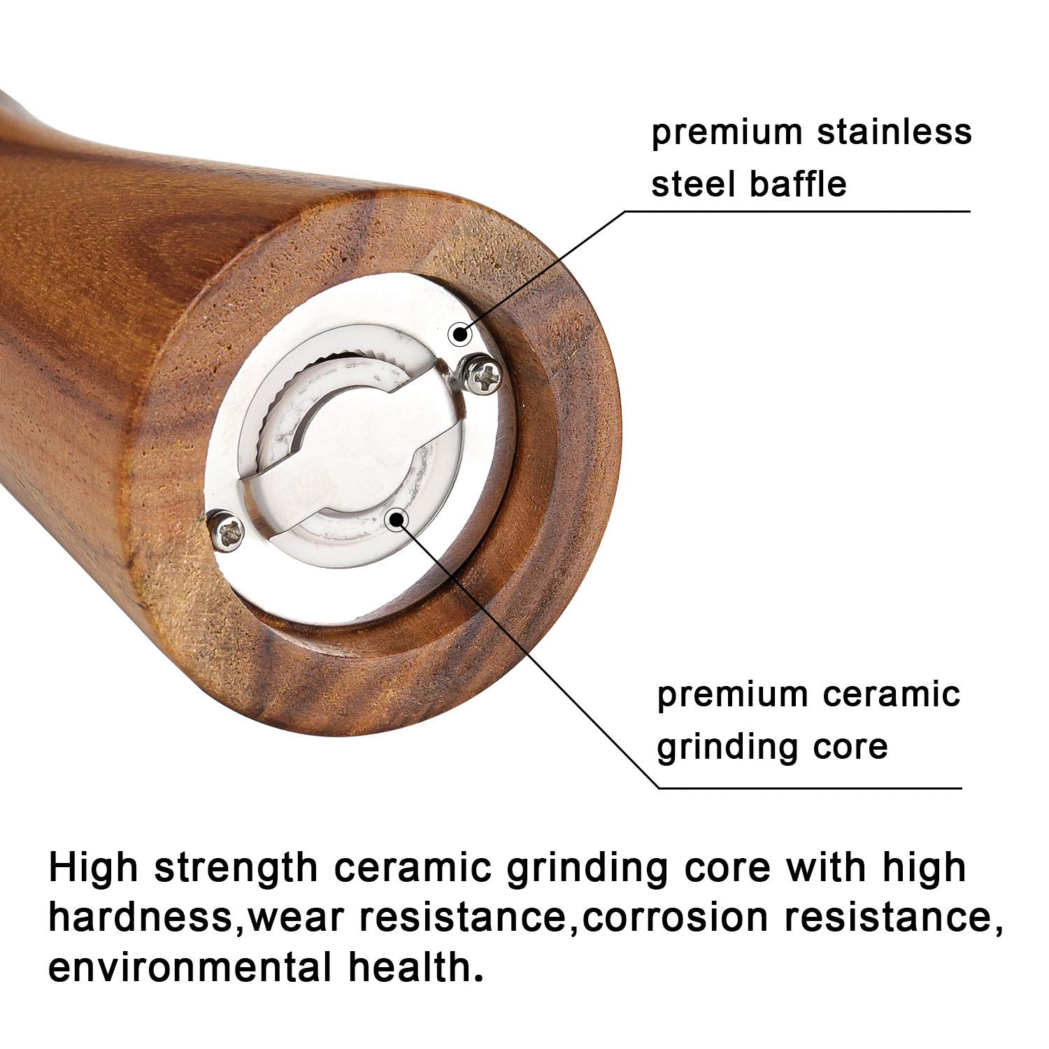 Wooden Salt and Pepper Grinder Set - VanlonPro 8 Inch Refillable Salt and Pepper Shakers with Adjustable Ceramic/Stainless Steel Rotor  Manual Pepper Mill for Your Kitchen - Pack of 2