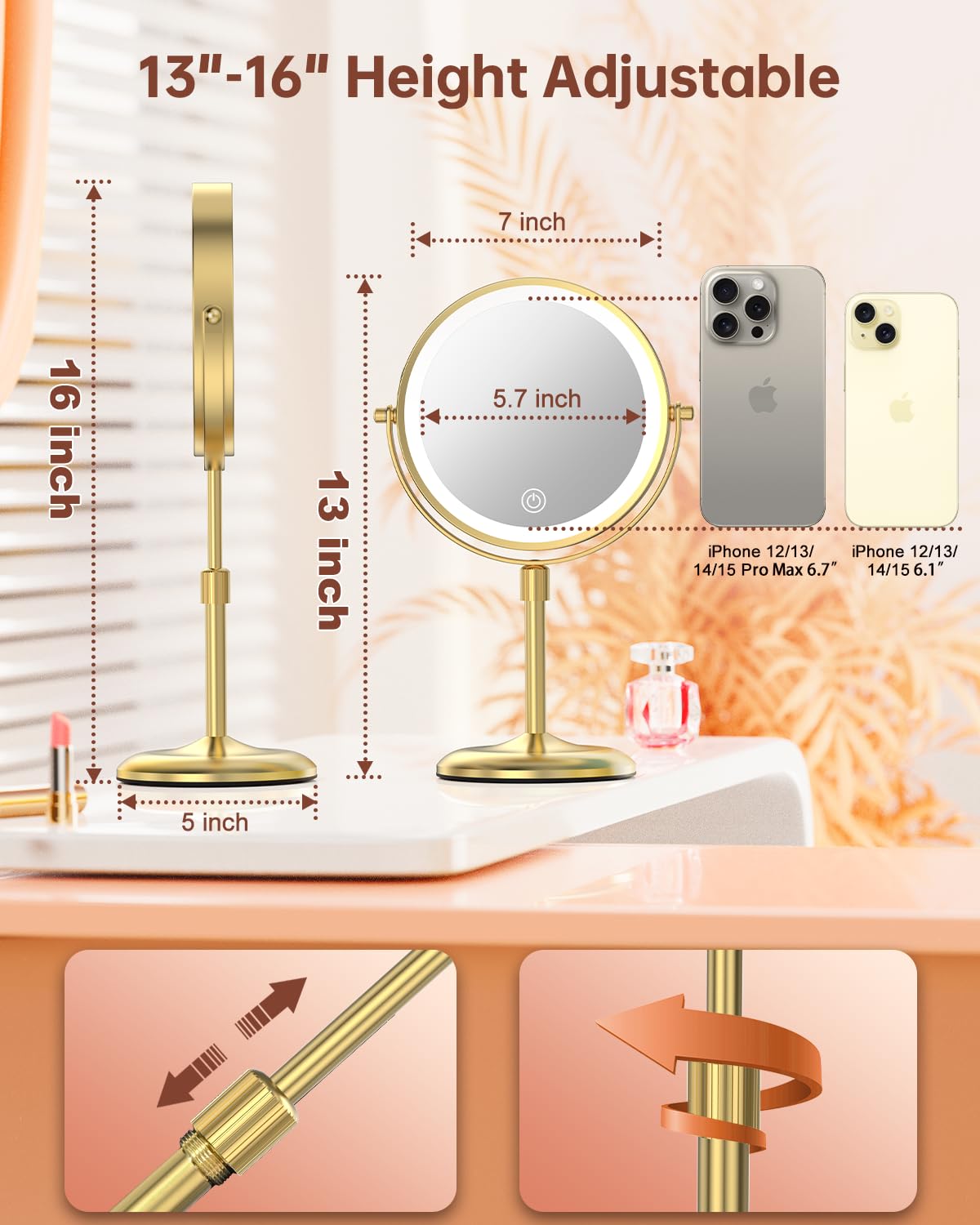 Benbilry Lighted Makeup Mirror with 3 Color Lights & 10X Magnification  Adjustable Brightness & Height  7 Inch 360 Swivel Rechargeable 10X LED Magnifying Vanity Mirror with Light  Gold