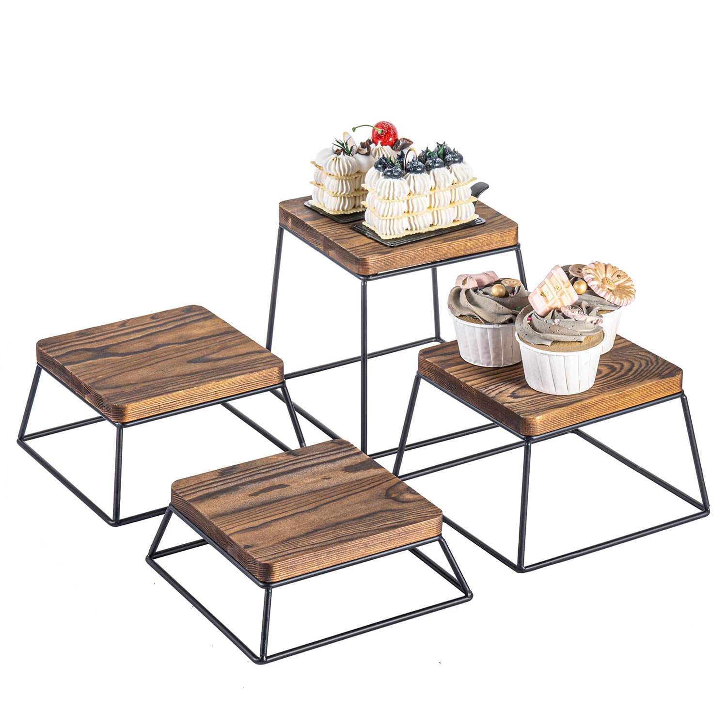 Mygift Burnt Wood & Black Metal Wire Square Retail Food Display Risers/Pizza Stands, Set Of 4