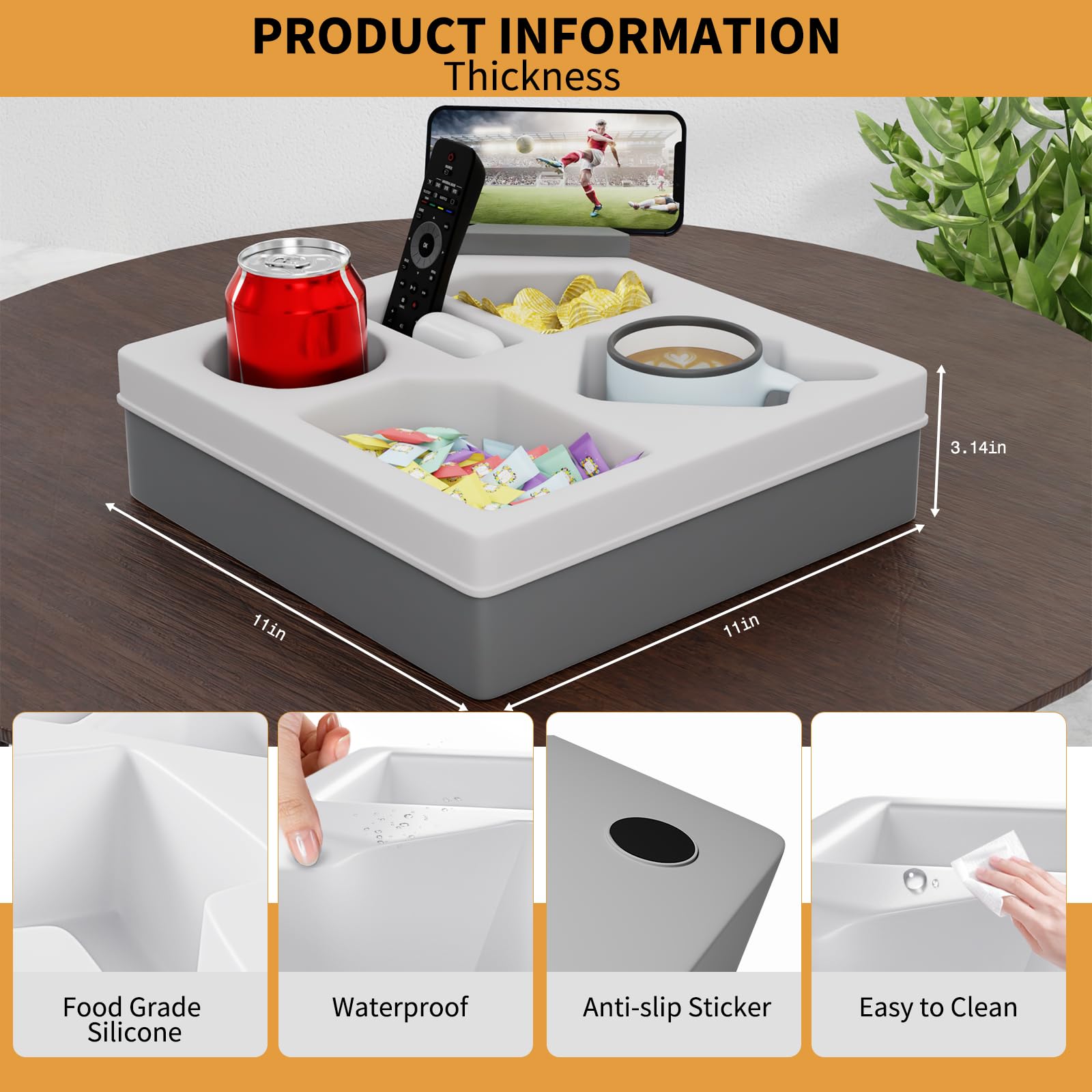 Couch Cup Holder Tray, Non-Slip Silicone Sofa Couch Caddy For Home, Car, And Outdoors, Waterproof Versatile Couch Table Tray For