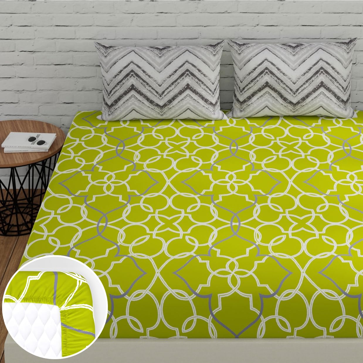 Huesland by Ahmedabad Cotton 144 TC Elastic Fitted Bedsheets Cotton King Size with 2 Pillow Covers | 72 x 78 inches