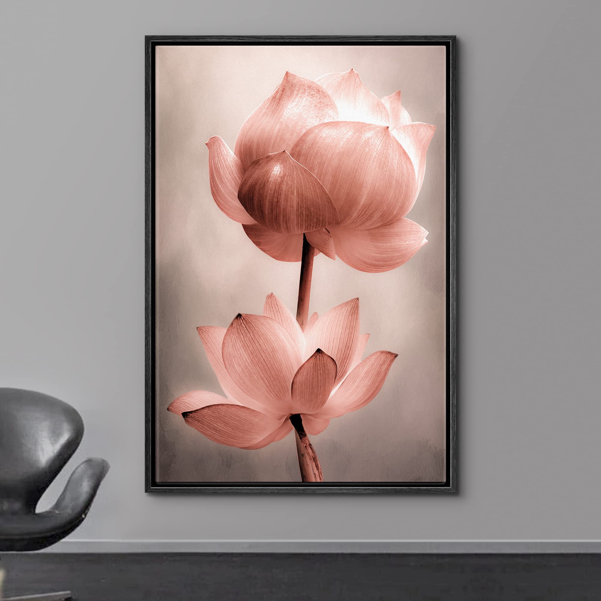 Wall26 Framed Canvas Wall Art - Closeup Of Lotus Flower - Gallery Wrap Modern Home Art | Ready To Hang - 24''X36'' Black