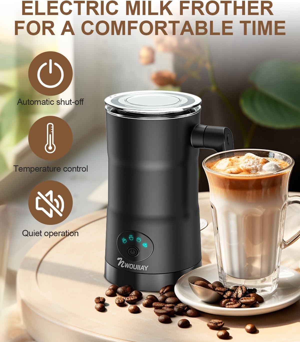Nwouiiay 4 In 1 Milk Frother Electric And Steamer 11.8 Oz/350Ml Hot/Cold Foam Maker Intelligent Temperature Control Electric Mil