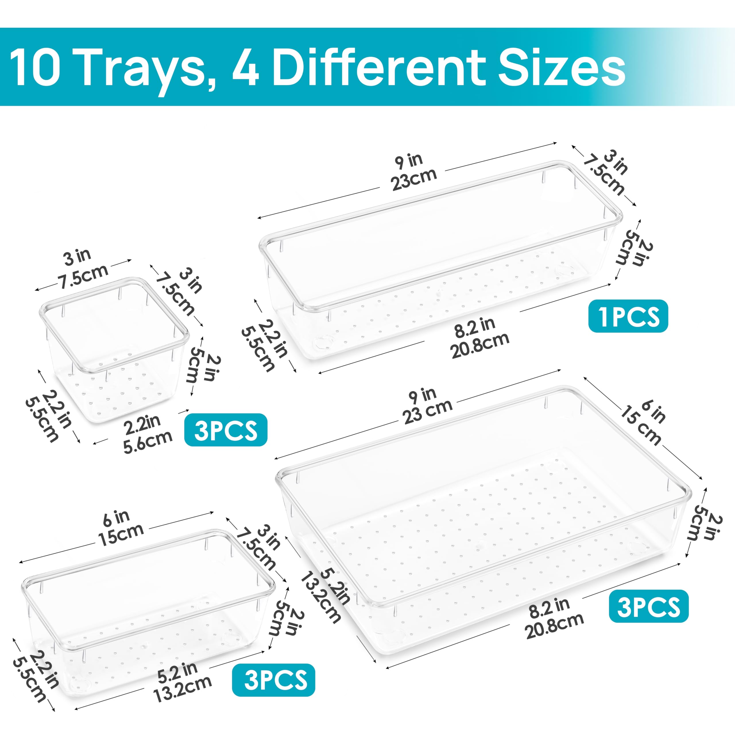 Vtopmart 10 Pcs Drawer Organizer Set, 4 Size Vanity Organizer Plastic Tray, Clear Acrylic Drawer Organizer Storage Bins, Makeup