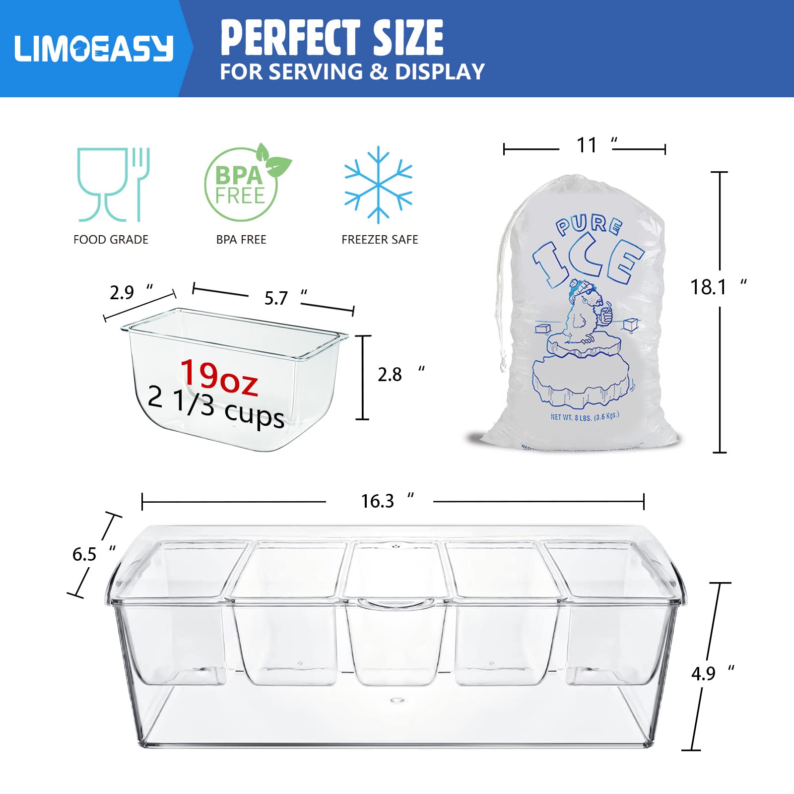 Limoeasy Chilled Condiment Server, Clear Garnish Tray With Lid For Bar For Parties With 5 Removable Compartments, Ice Serving Bo