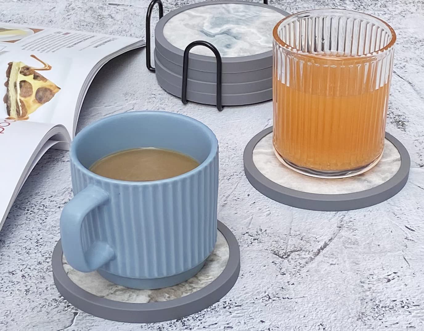 Absorbent Coasters For Drinks With Holder - 6Packs, Silicone Coasters With Soft Felt Insert (4.3 Inch Coasters With 4.5 Inch Hol