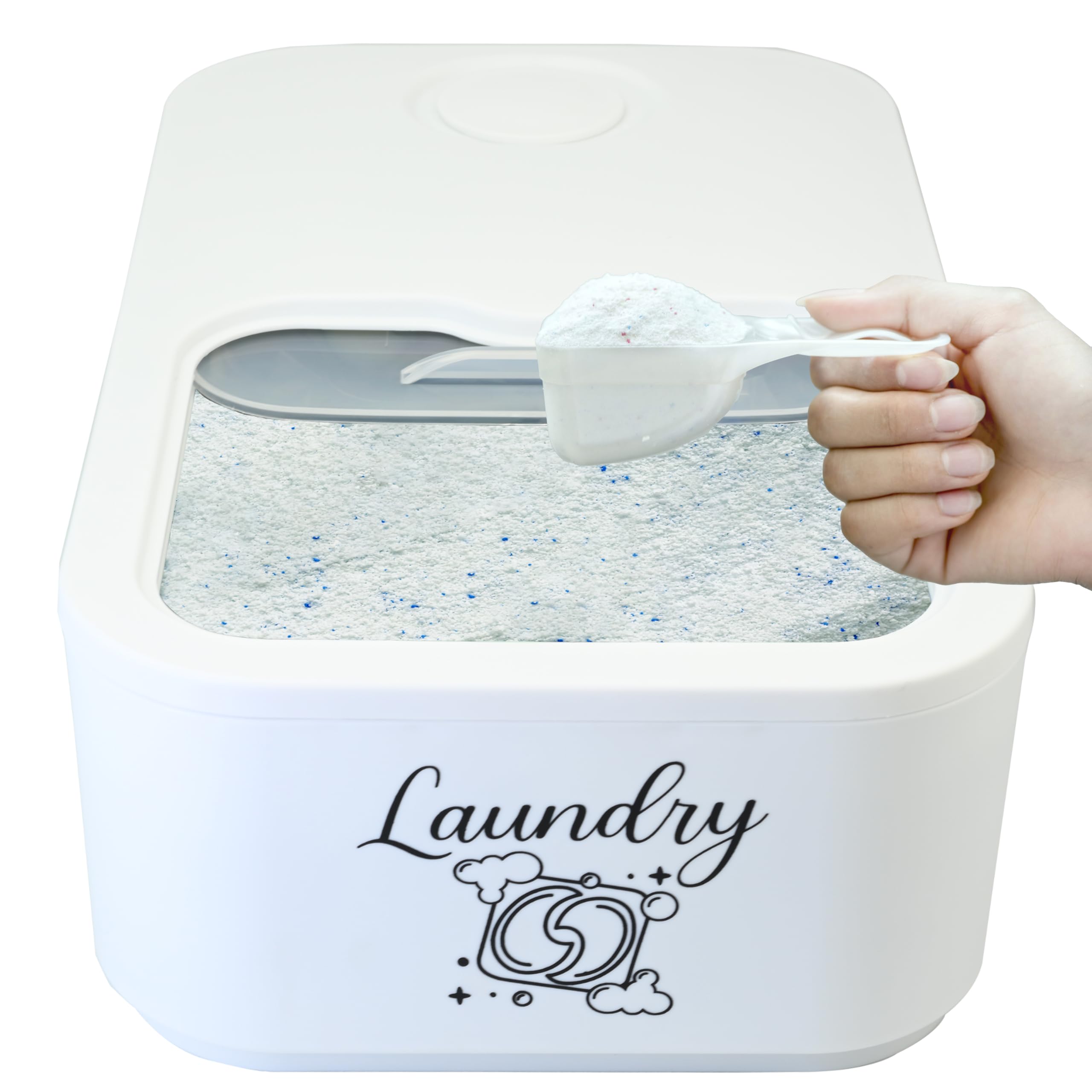 Skywin Laundry Pod Container With Slide Lid (White With Print) -15   X8.7   X4.5   - Holds 11 Pounds, Fits 2 Bottles Of Laundry