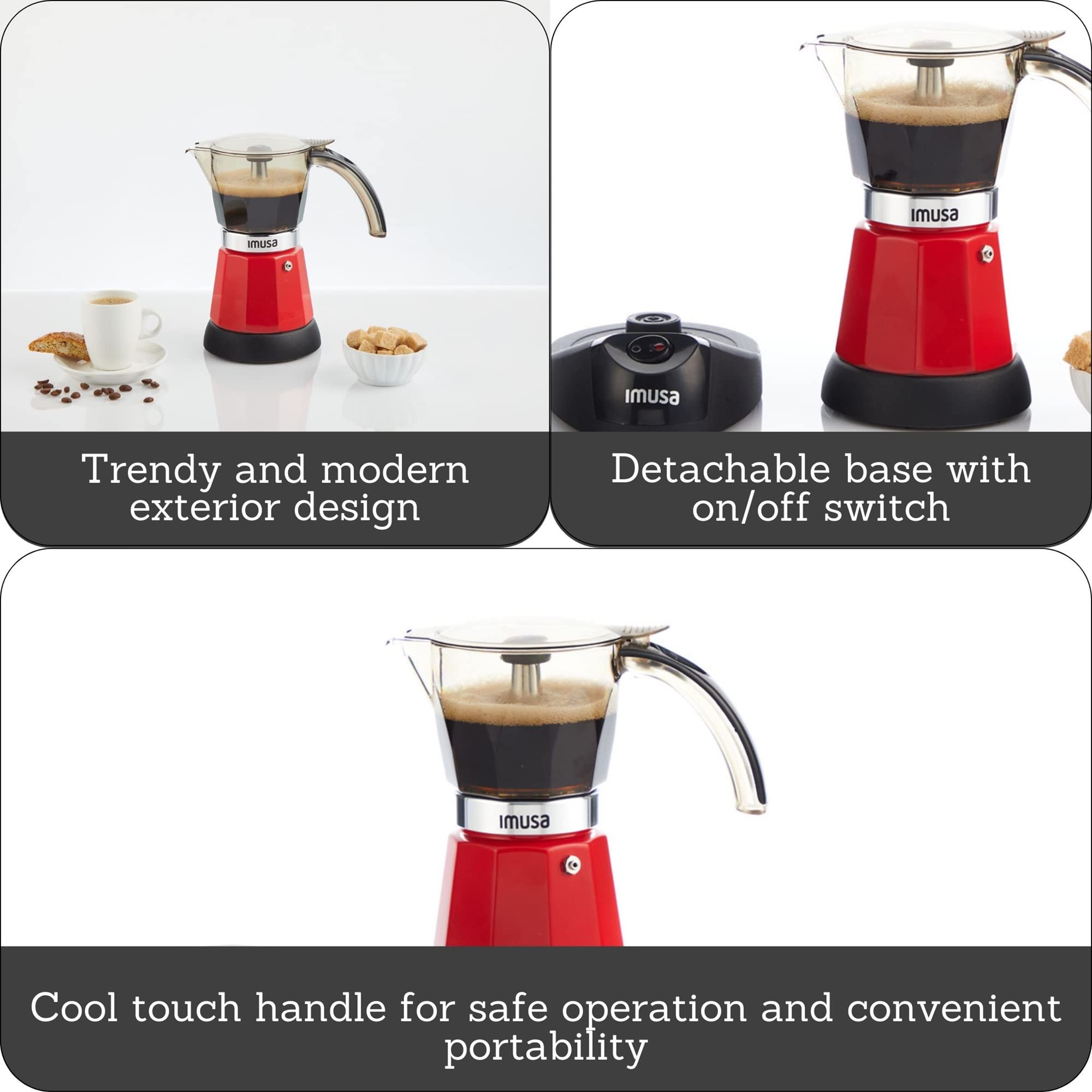 Imusa Electric Espresso Maker, 6 Cup, Aluminum, Red, Model GAU-18235