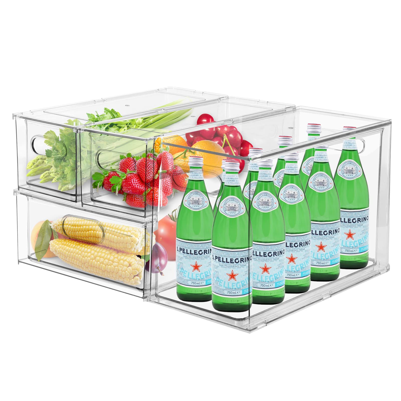 3 Pack Refrigerator Organizer Bins with Pull-out Drawer Stackable Clear Fridge Drawer Organizer Fruit Vegetable Storage Containe