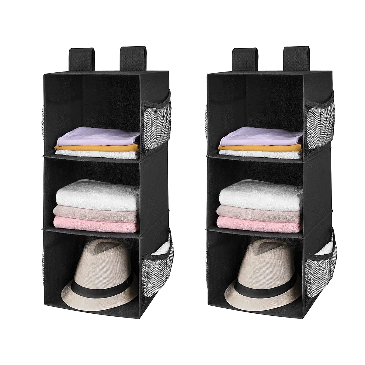 MAX Houser 3-Shelf Hanging Closet Organizers, Collapsible Closet Hanging Shelves for Camper, Nursery Hanging Organizers, Black, 