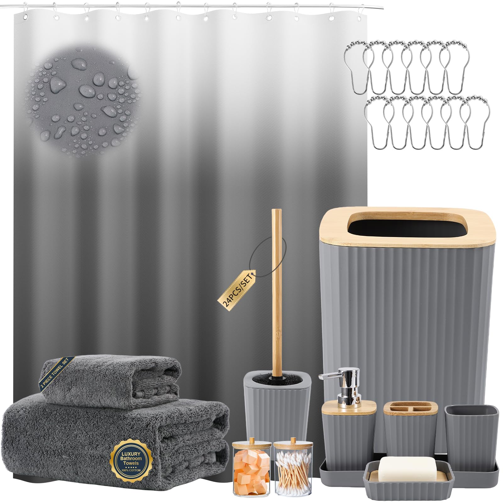 Bathroom Set - Grey Bathroom Accessories Set, 22Pc Bathroom Accessory Set With Shower Curtain, Soap Dispenser, Toilet Brush, Tra