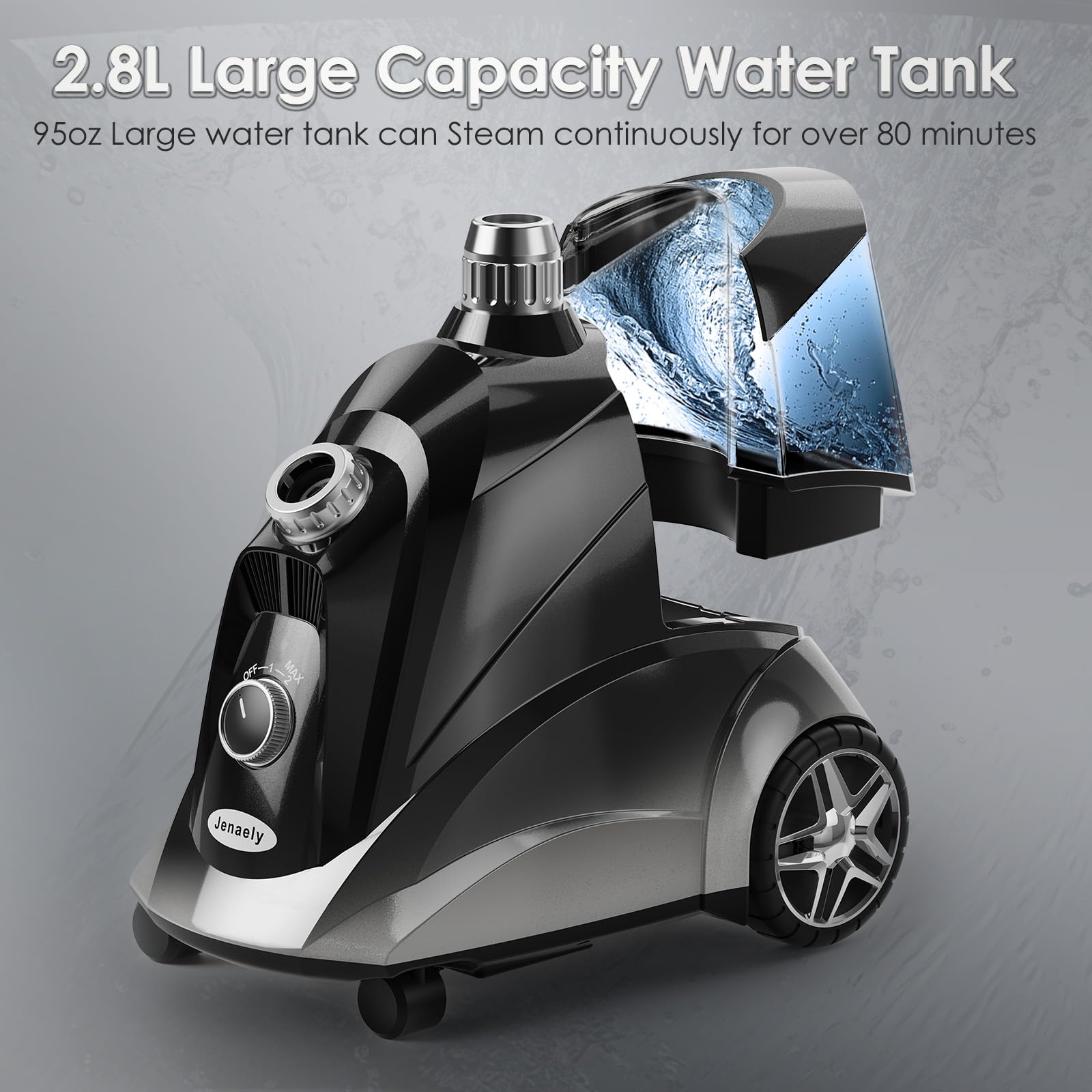 Jenaely 1500W Standing Garment Steamer, 2.8L Tank, Fast Heat-up, Black & Silver, Model JNLY-04