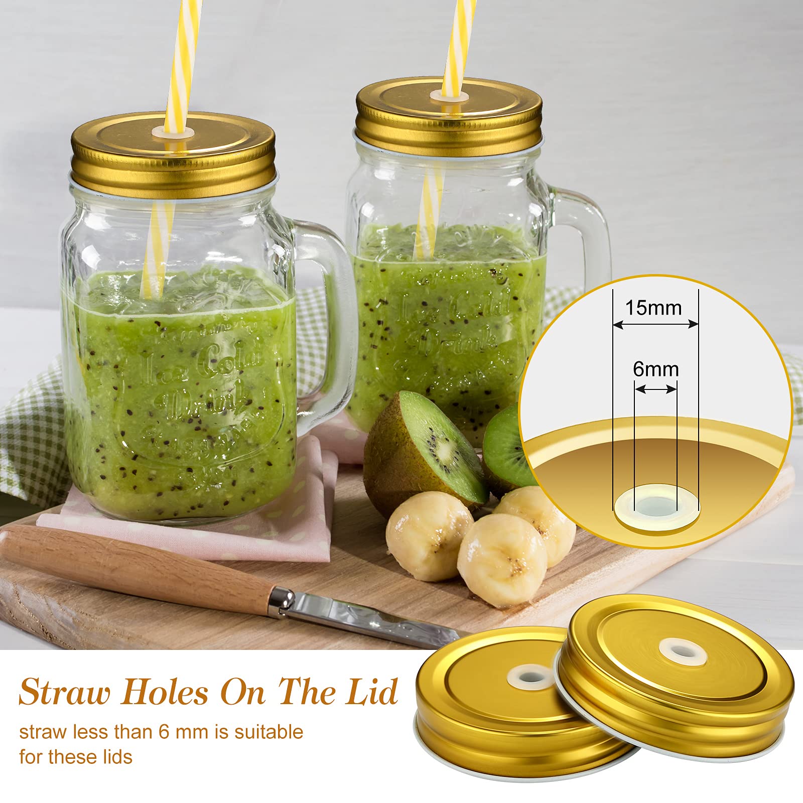 Mudder 8 Pieces Metal Regular Mouth Mason Canning Jar Lids With Straw Hole Leak Proof Reusable Jar, 2.7 Inch (Gold)