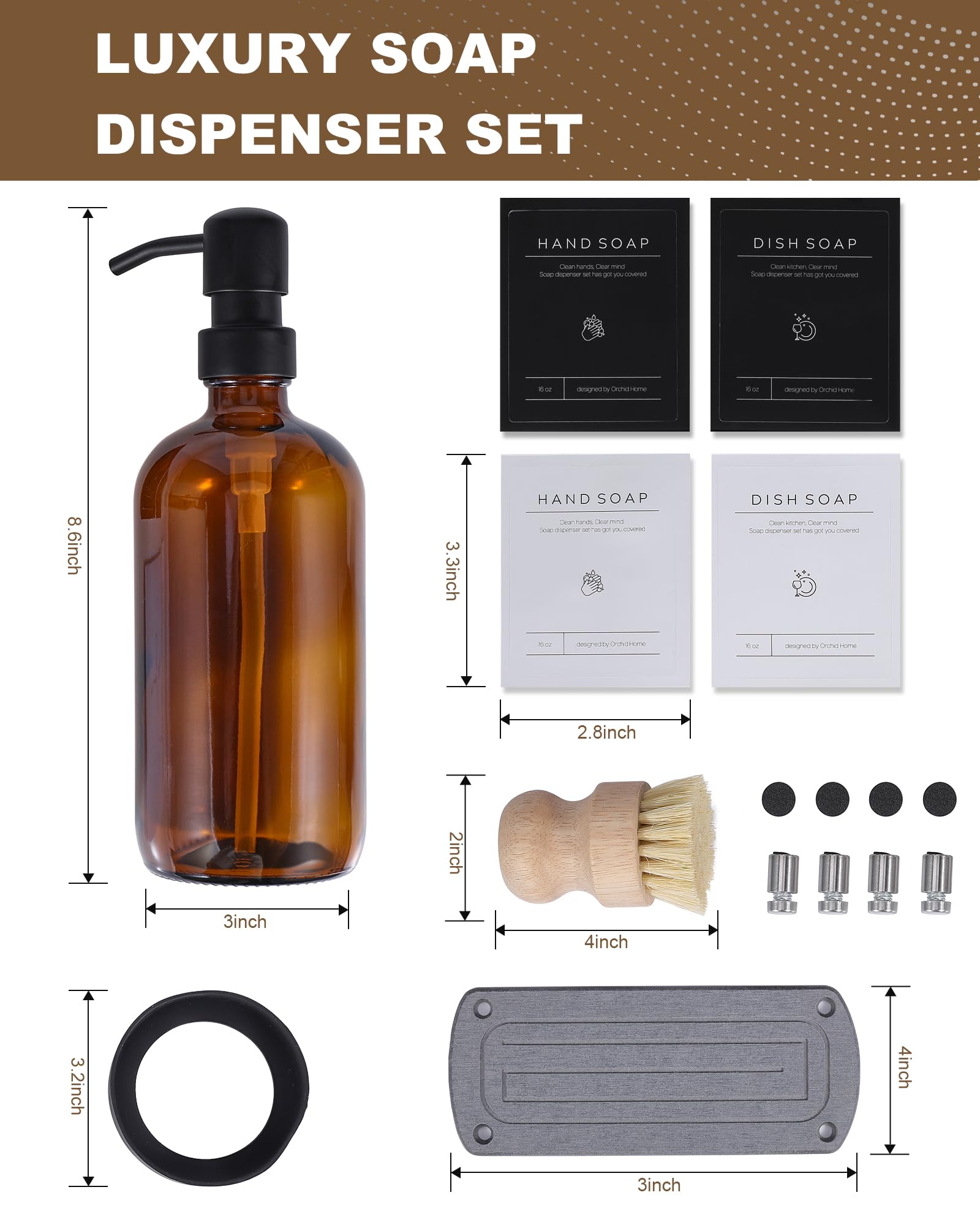 [Luxury] Kitchen Soap Dispenser Set - 16Oz Amber Glass Bottle, Stainless Steel Pump, Instant Dry Tray, Waterproof Labels, Non-Sl
