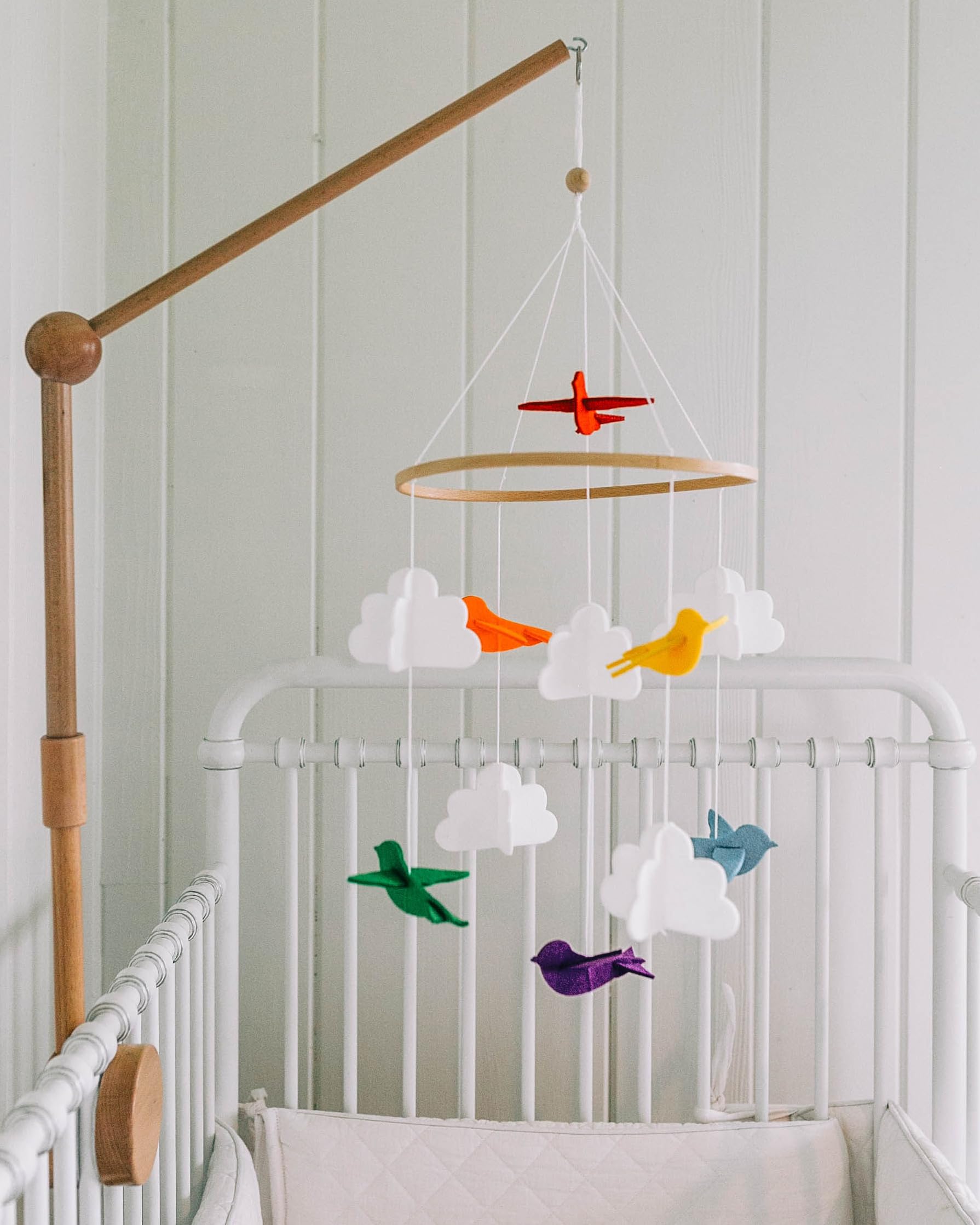 Baby Crib Mobile (Rainbow Birds in The Clouds, w/Garland) - Felt Nursery Ceiling Decoration and Baby Shower Gift for Girls & Boy