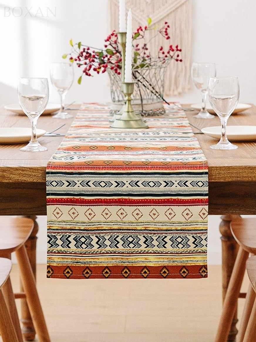 Boxan Antique Southwestern Native Design Table Runner Cloth, Boho Cotton Geometric Striped Pattern Tribal Table Cover For Farmho