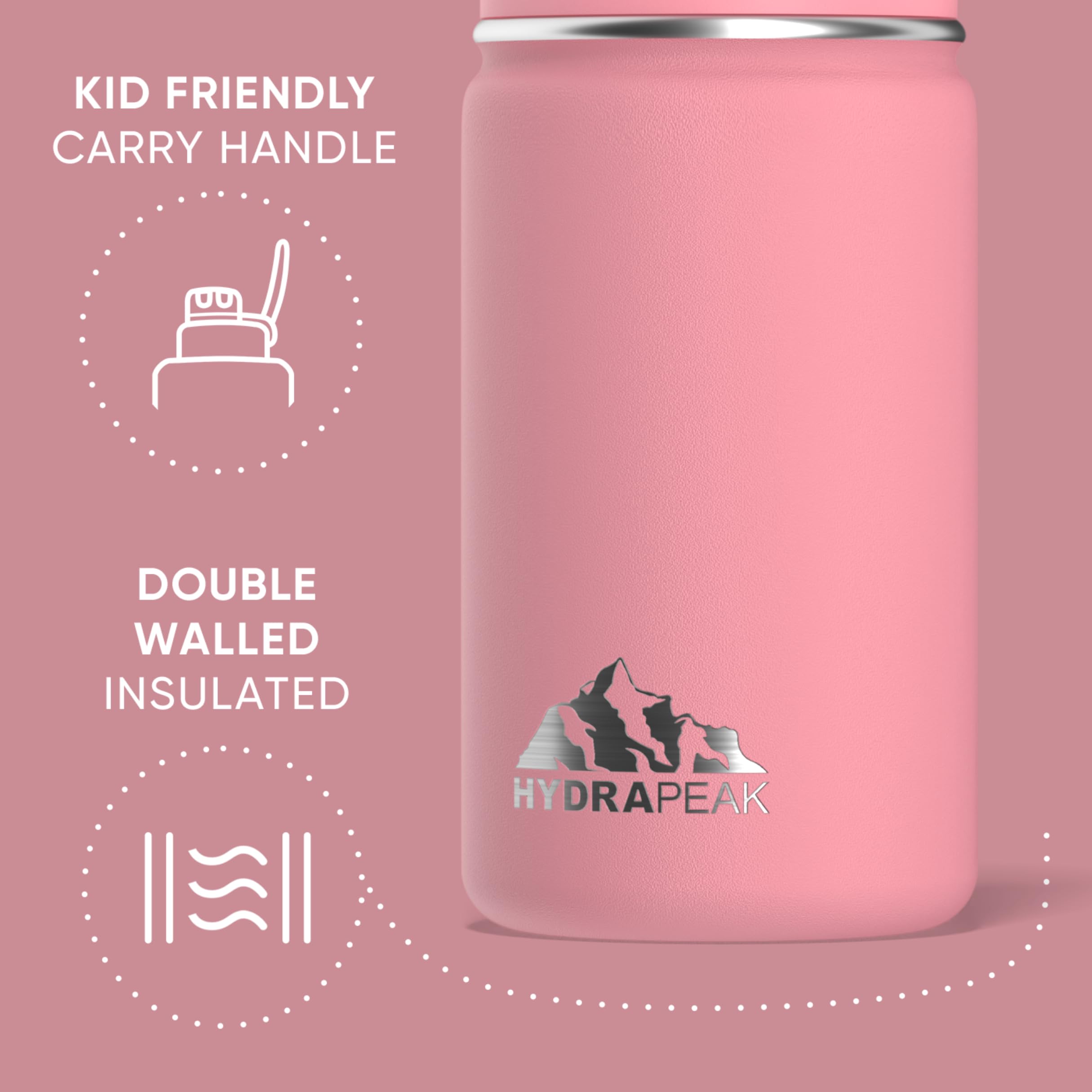 Hydrapeak 14Oz Kids Insulated Water Bottle With Straw Lid, Bubblegum, 14.0 Fl Oz, Stainless Steel, Thermos