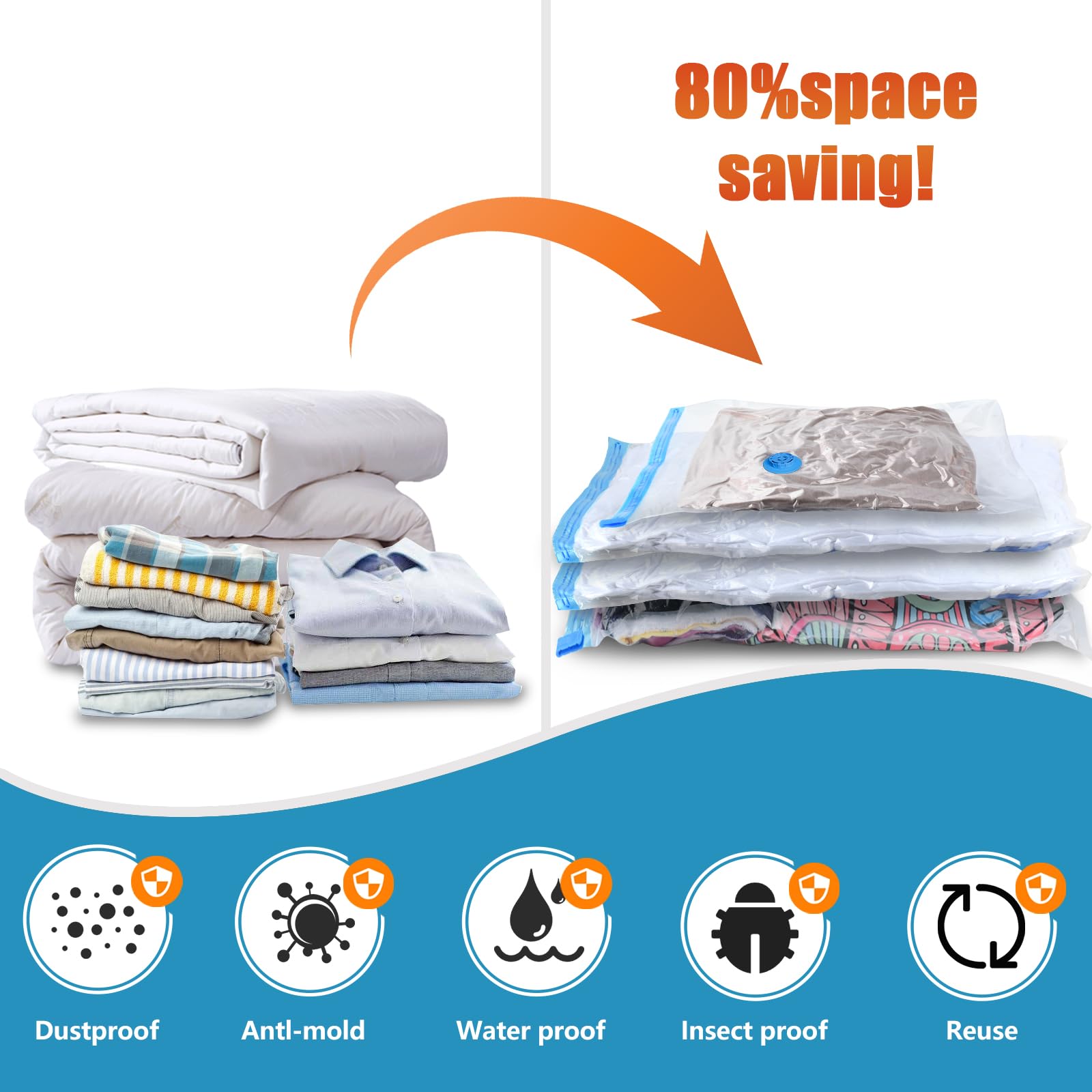 Kissleaf 20 Pack Vacuum Seal Bags For Clothing With Electric Air Pump,Space Saver Vacuum Storage Bags For Clothes,Mattress, Blan