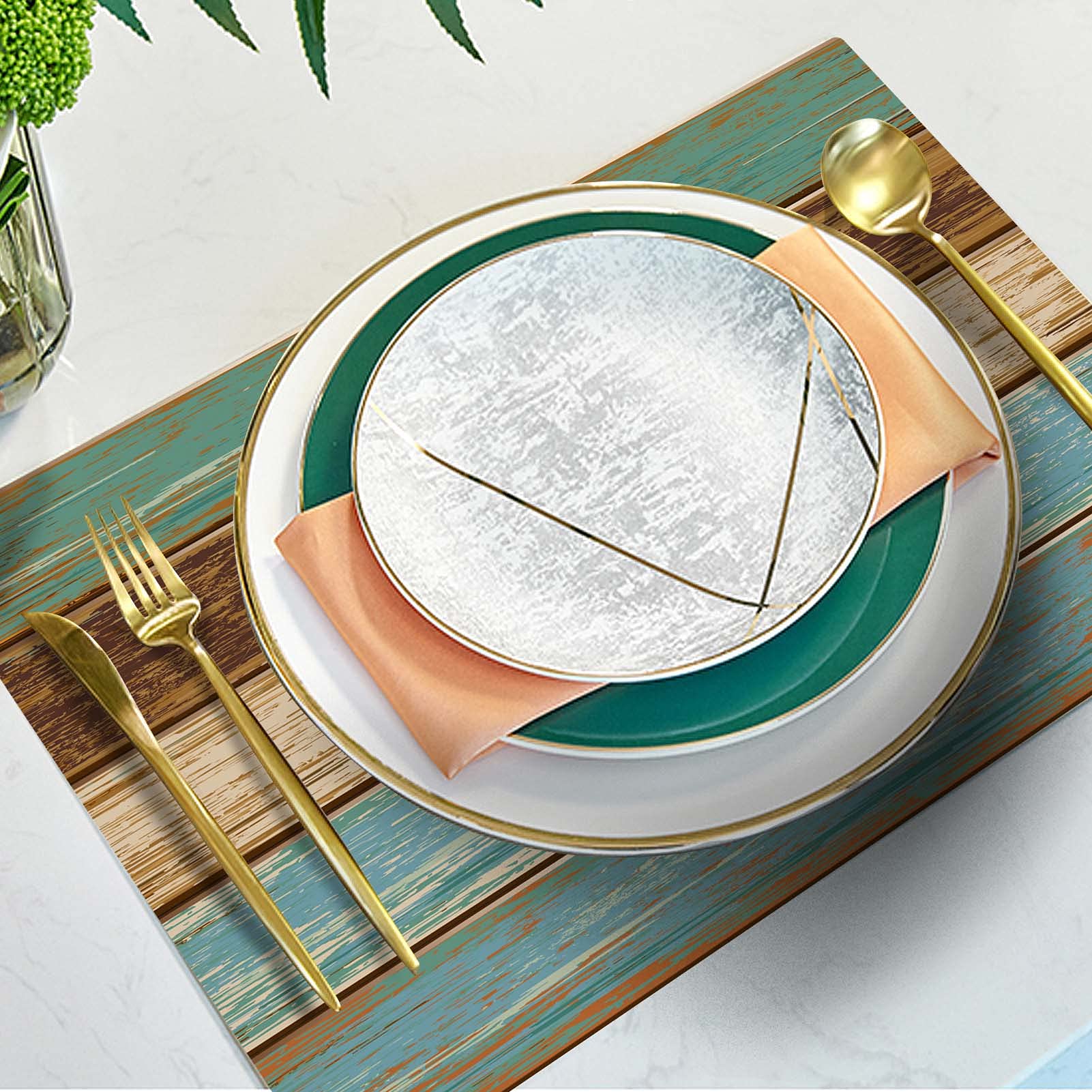 Mcalk Farmhouse Table Runner And Placemats Set Of 6 Pieces, Teal And Brown Placemats Wooden Texture,Rectangle Cloth Place Mats I
