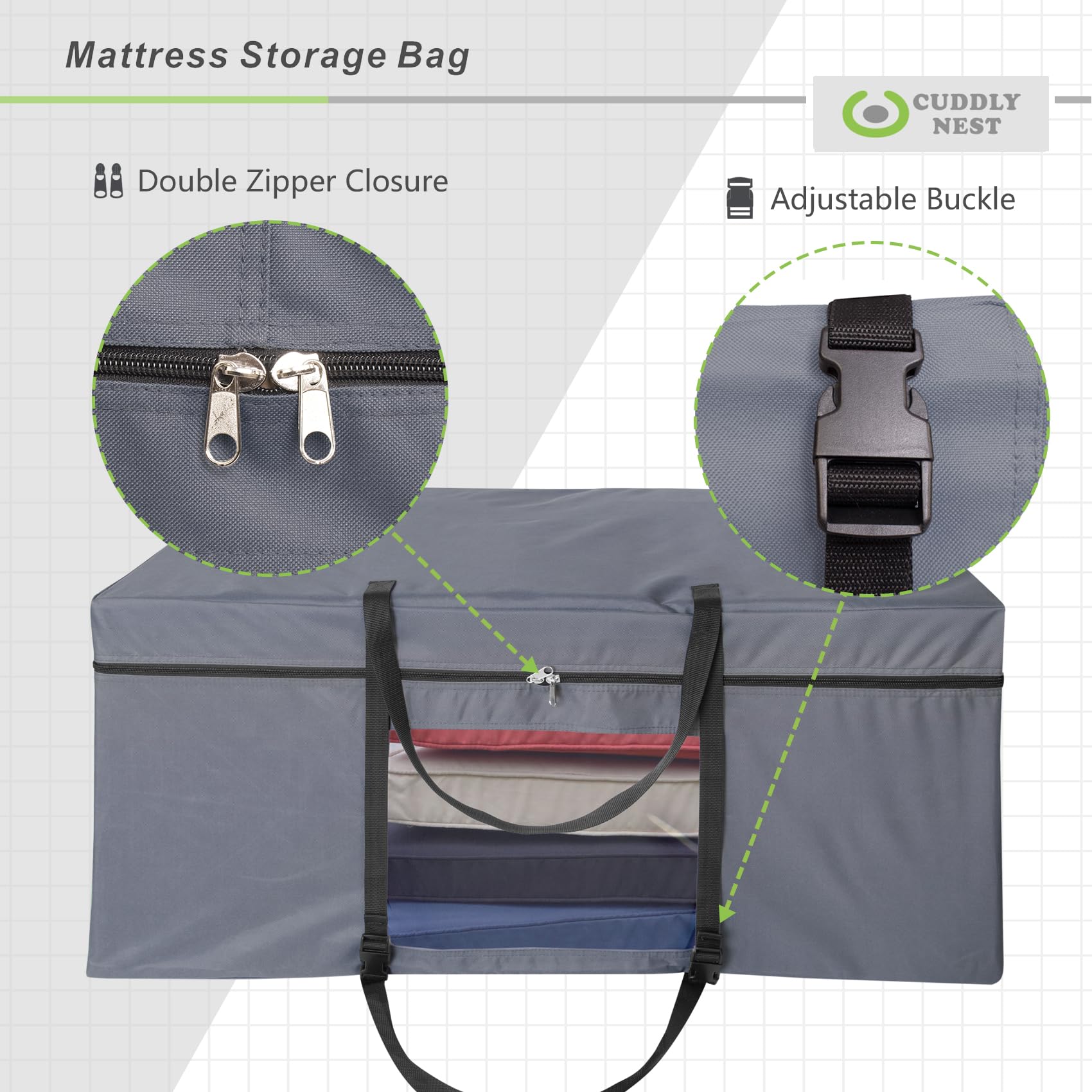 Cuddly Nest Folding Mattress Storage Bag - Heavy Duty Carry Case For Tri-Fold Guest Bed Mattress (Fits 6 Inch Full Mattress, Gra
