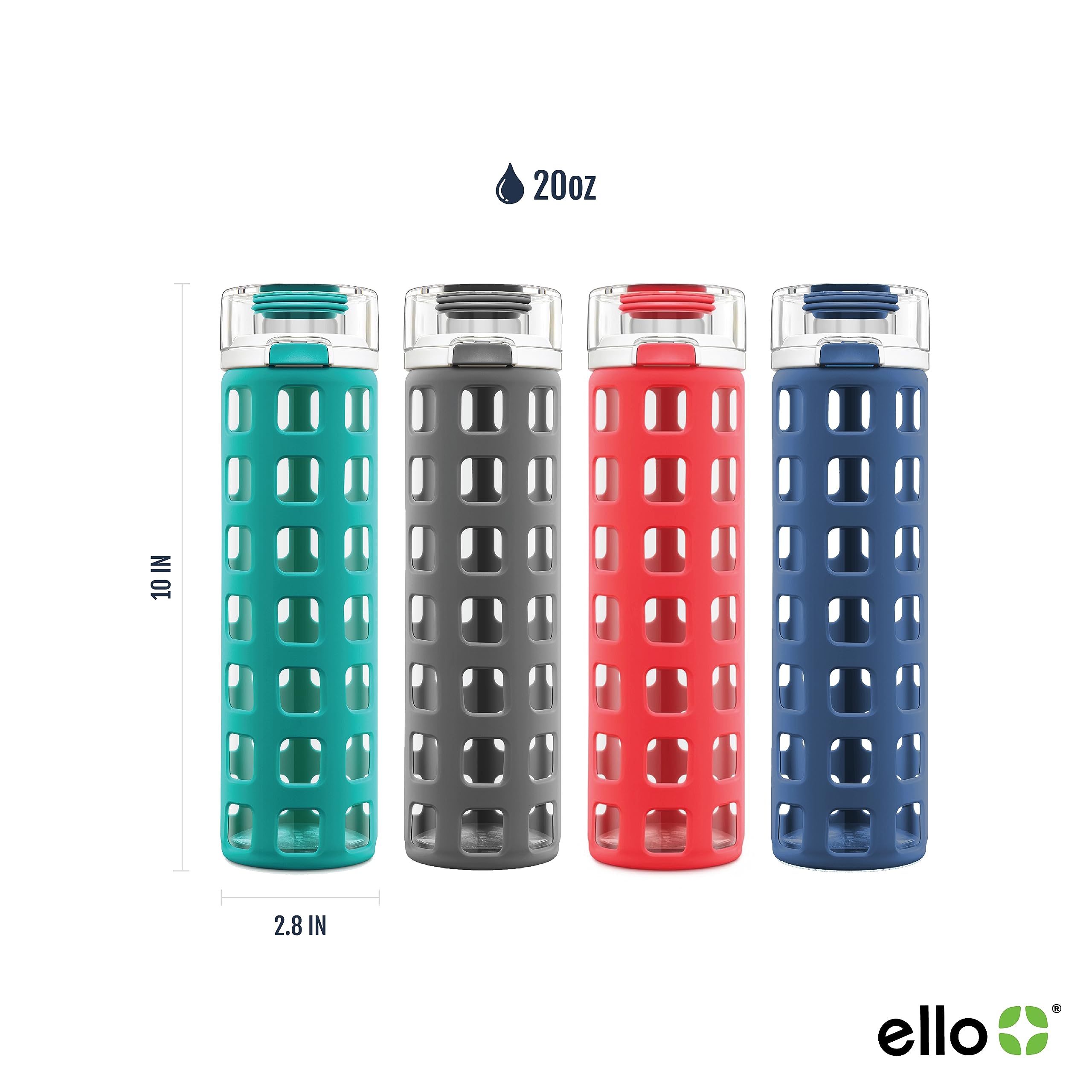 Ello Syndicate Glass Water Bottle with One-Touch Flip Lid and Protective Silicone Sleeve and Carry Loop  BPA Free  Dishwasher Safe  Pink  20oz