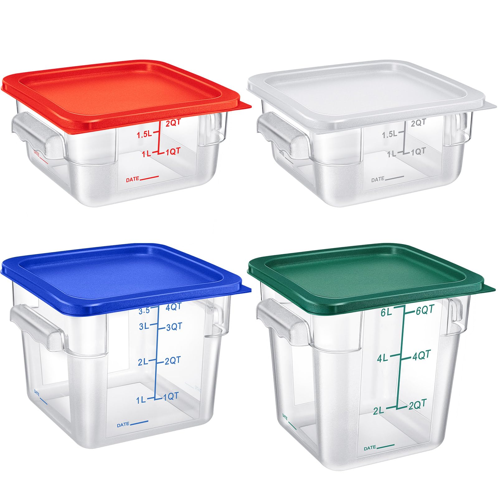 Huwena 4 Pcs Commercial Food Storage Container With Lid Clear Square Container Set With Scale And Handle For Home Kitchen Restau