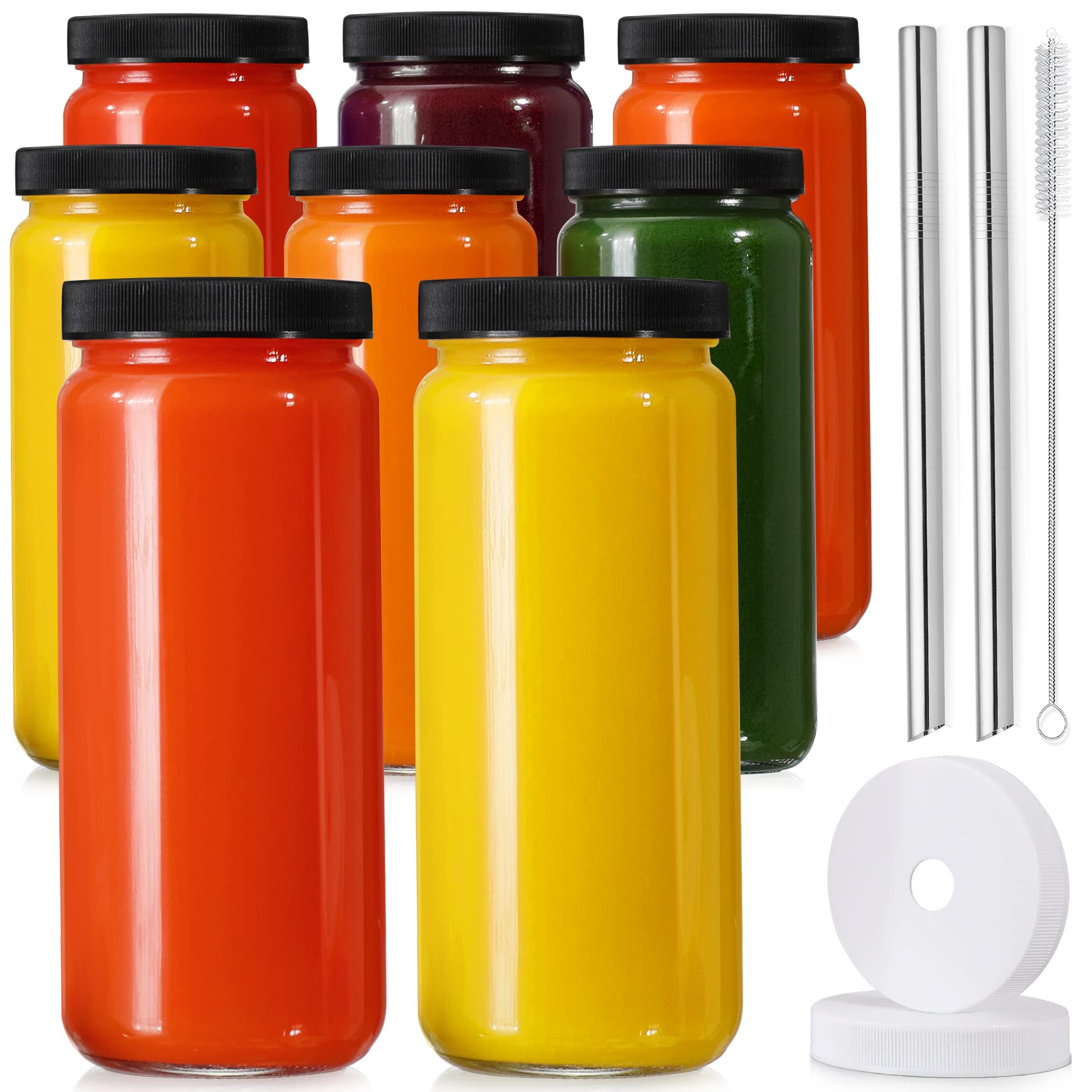 [ 8 Pack ] Glass Juicing Bottles With 2 Straws & 2 Lids W Hole- 16 Oz Travel Drinking Jars, Water Cups With Black Airtight Lids,