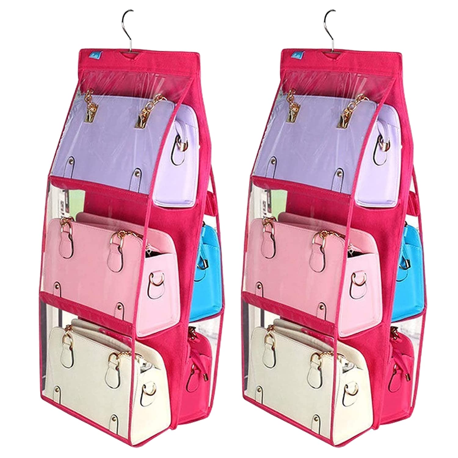 Kuber Industries Handbag Organizer 6 Pockets For Ladies|Non Woven Foldable Bag Organizer For Wardrobe|Transparent With Hanger|Pa