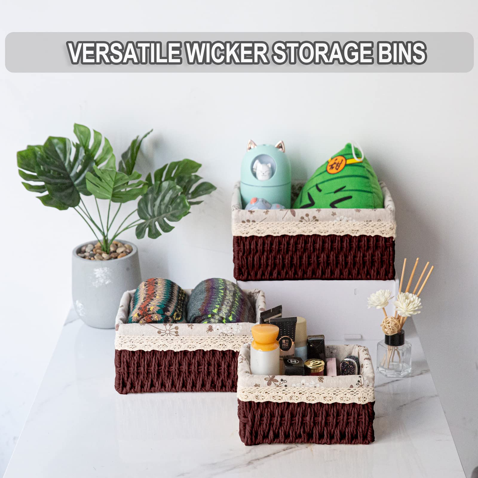 3 Pcs Handmade Wicker Storage Baskets Set Shelf Baskets,Woven Decorative Home Storage Bins For Bedroom,Livingroom,Kitchenroom,Ta