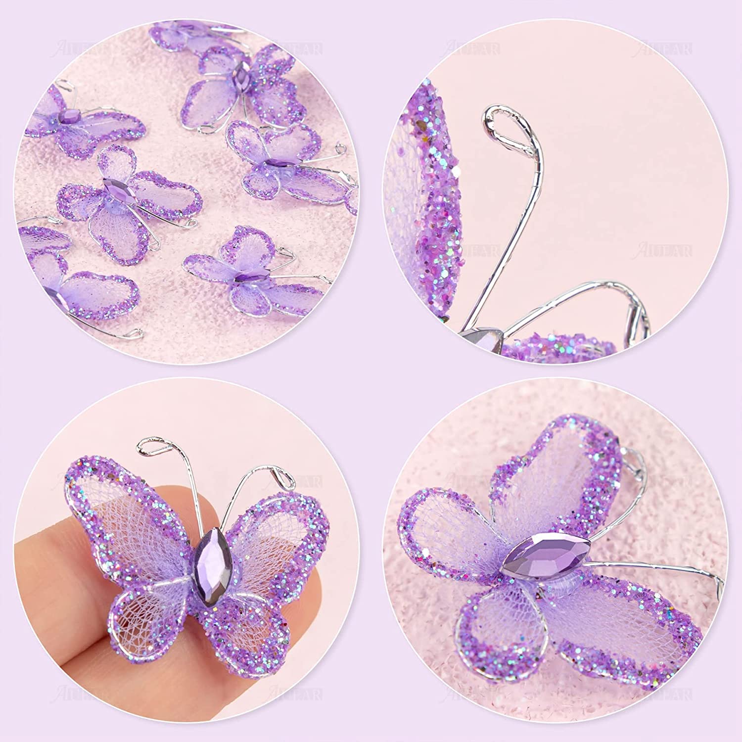 Auear, 50 Pack Sheer Mesh Wire Glitter Butterfly Butterfly With Gem For Home And Wedding Decoration Party Wall Decorations (Purp