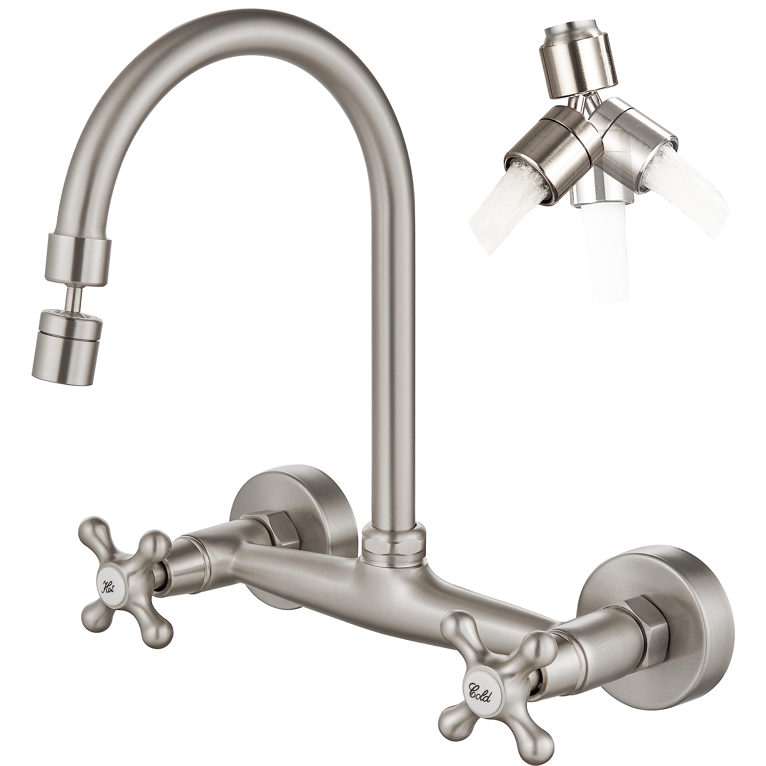 Airuida Brushed Nickel Wall Mount Kitchen Faucet With Sprayer Wall Mounted Kitchen Sink Faucet 8 Inch Center Double Cross Handle