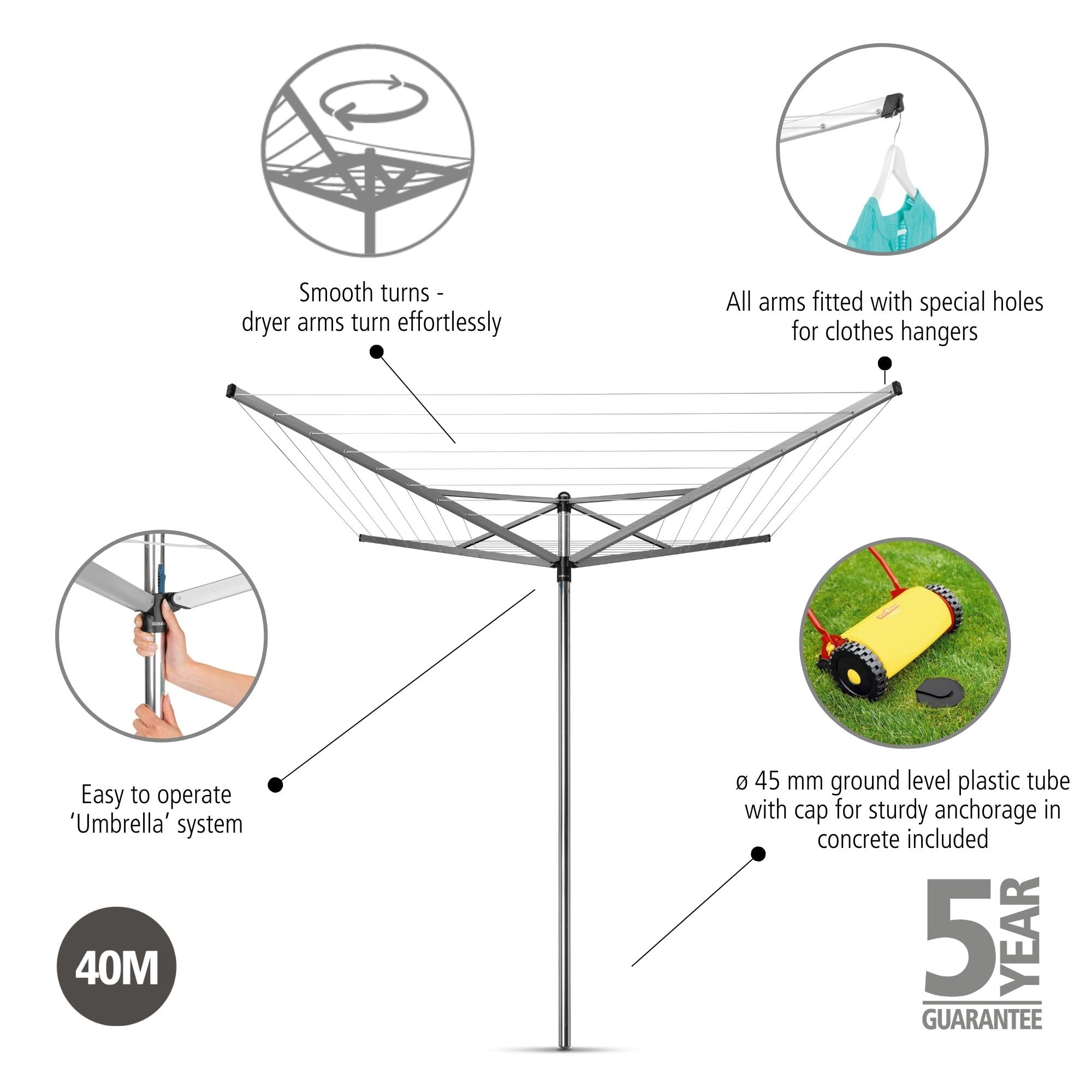 Brabantia Topspinner Outdoor 4 Arm Spinning Clothesline (131 Ft/ 1.8) Rotating, Folding Clothes Drying Rack + Concrete Ground